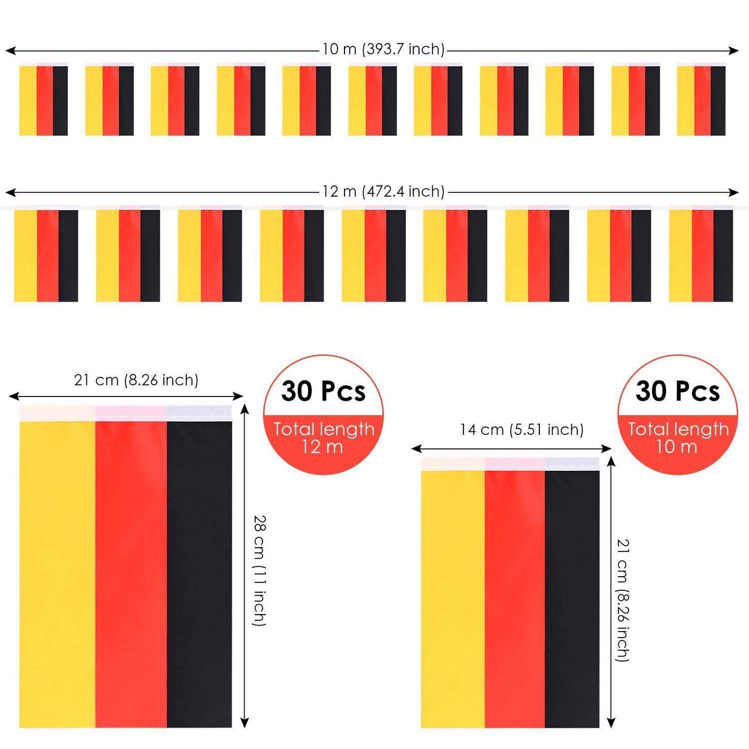Diagramm mit 30-teiliger schwarz-rot-gelber Wimpelkette, erhältlich in 10 m und 12 m Längen, mit 21 cm oder 14 cm großen Wimpeln und Höhenmessungen von 1 Zoll/28 cm.