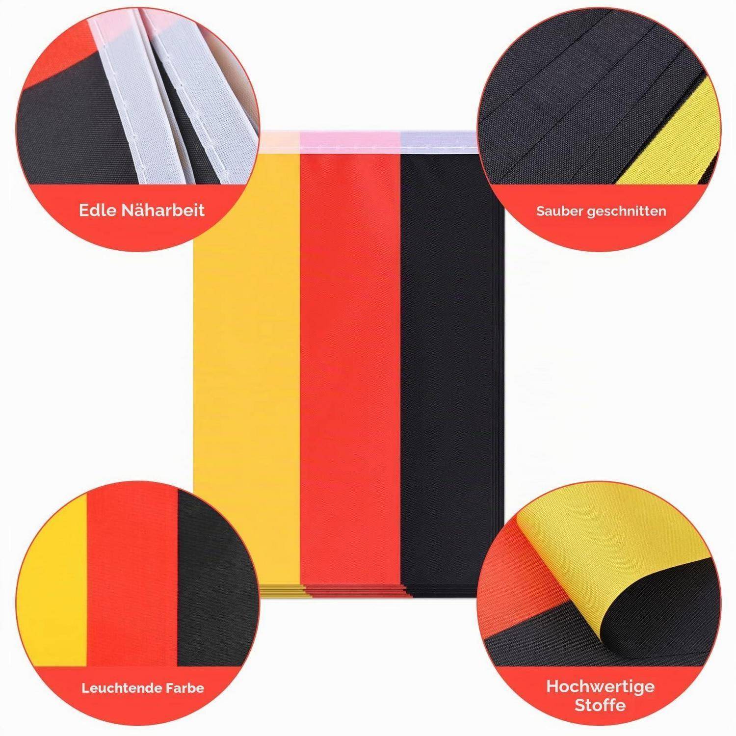 Farbmuster in Gelb, Rot und Schwarz mit vier kreisförmigen Nahaufnahmen mit den Beschriftungen „Edle Näharbeit", „Sauber geschnitten"", „Leuchtende Farbe"" und „Hochwertige Stoffe"".