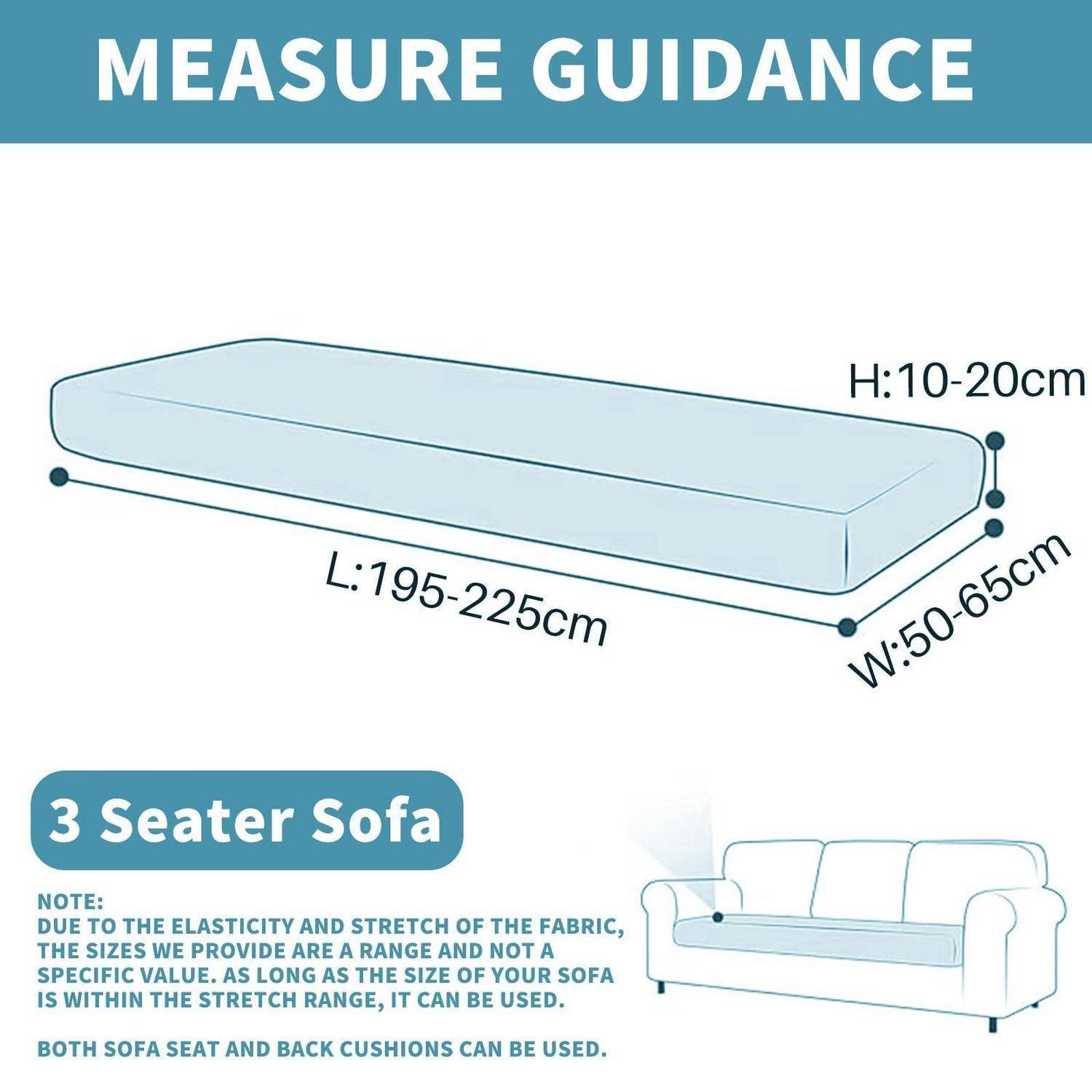 Illustration eines Schonbezugs für ein 3-Sitzer-Sofa mit Größenleitfaden, das die Abmessungen L: 195–225 cm, B: 50–65 cm, H: 10–20 cm zeigt und anmerkt, dass der Bezug sowohl Sitz- als auch Rückenkissen passt.