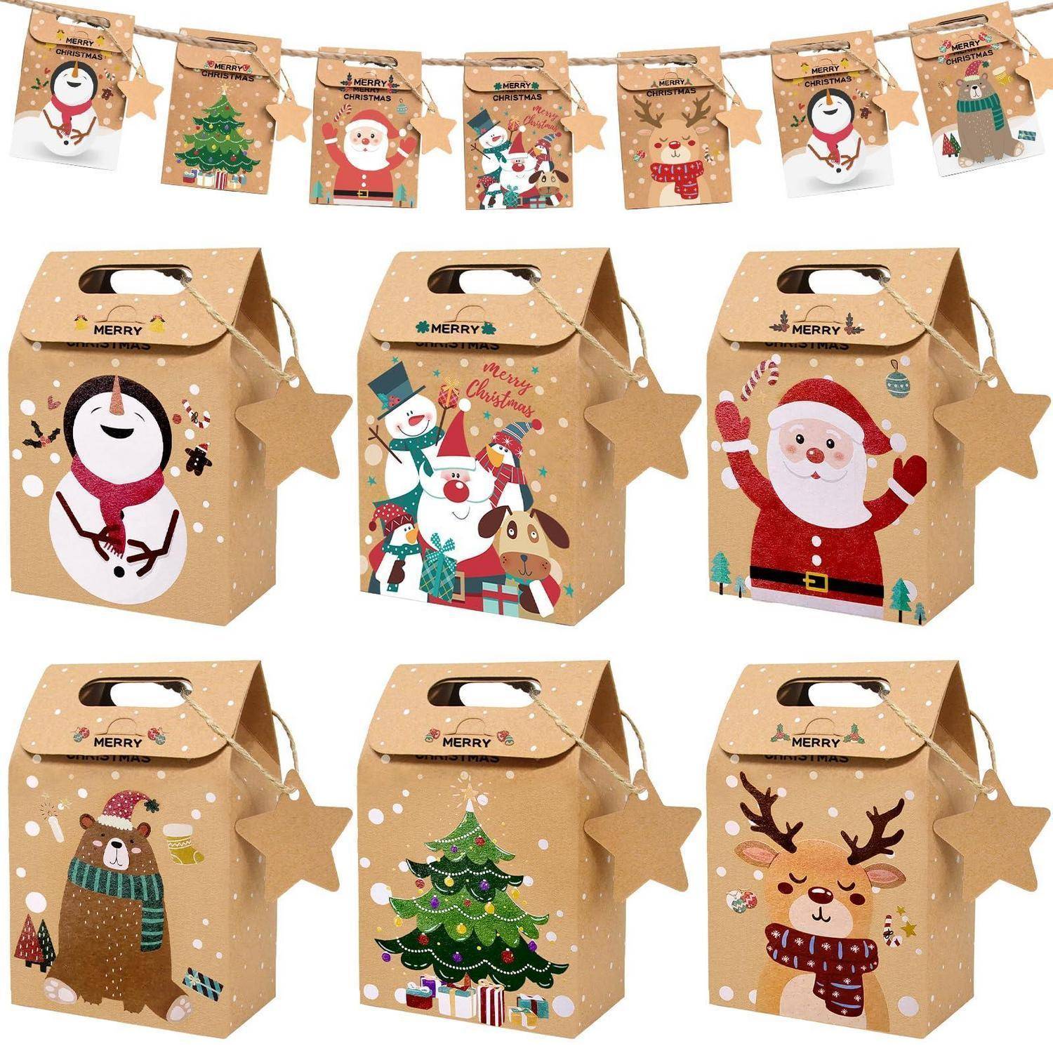 Satz von festlichen Kraftgeschenkboxen mit Sterni­ffeln und Weihnachtsdesigns, einschließlich Schneemann, Weihnachtsmann, Baum, Bär und Rentier, mit passenden Wimpelgirlanden oben.