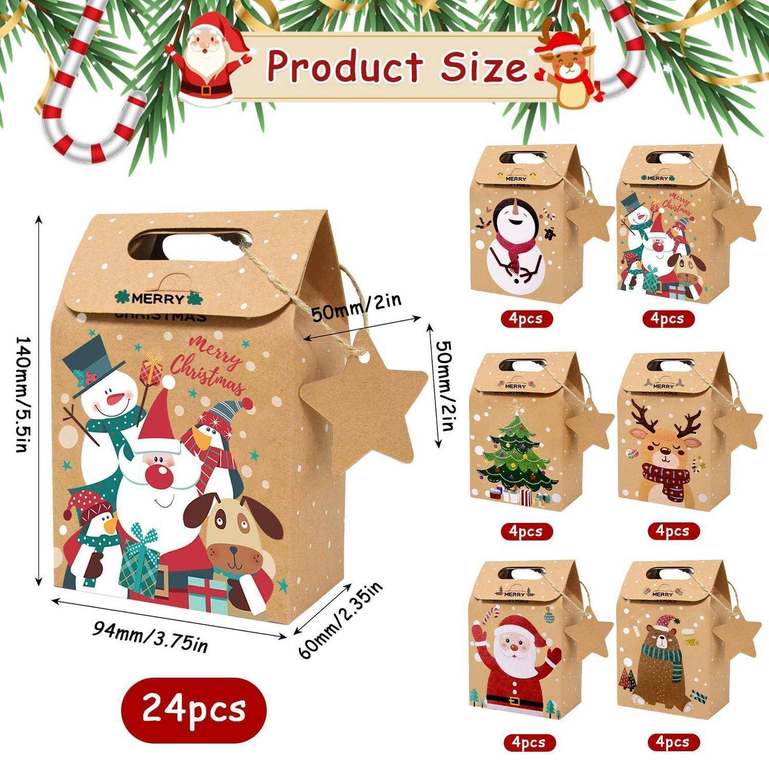 Weihnachtsgeschenkboxen mit Produktgröße: 140mm x 94mm x 60mm, Sternetikett 50mm; Set enthält 24 Stück in sechs Feiertagsdesigns.