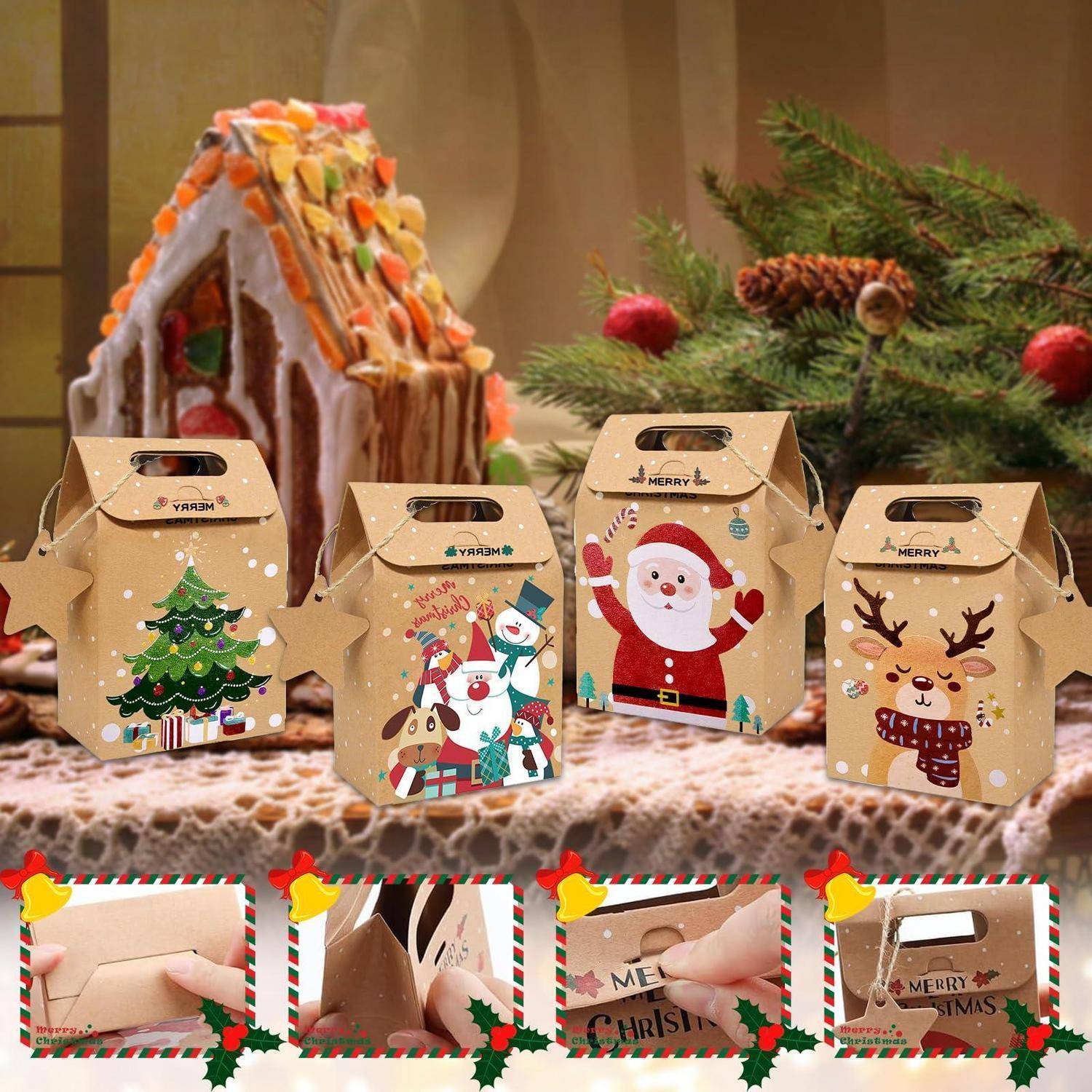 Weihnachtsgeschenkboxen mit Griffen und Feiertagsdrucken, abgebildet vor einem Lebkuchenhaus, mit kleinen eingefügten Bildern, die zeigen, wie man sie faltet und schließt.