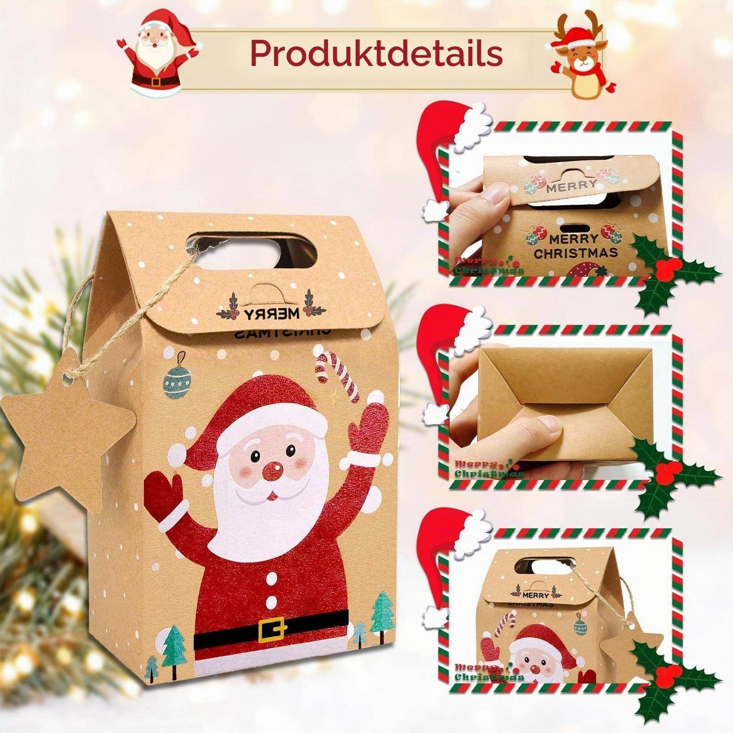 Weihnachtsgeschenkbox mit Weihnachtsmanndesign, Griff-Ausschnitt und Umschlag-Deckel; eingefügte Fotos zeigen das Öffnen der Box und die montierte Verwendung.