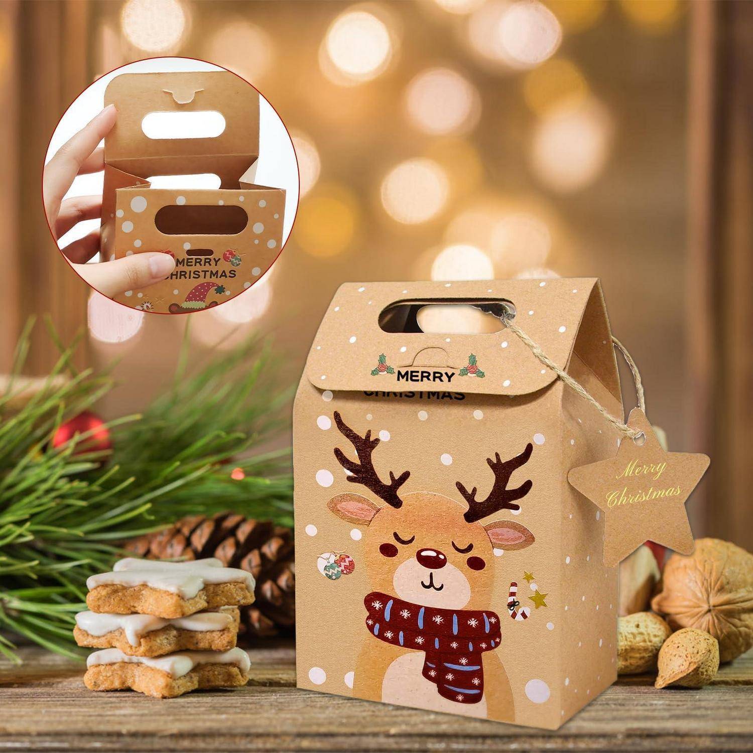 Weihnachtsgeschenkbox mit Rentierillustration und „Frohe Weihnachten