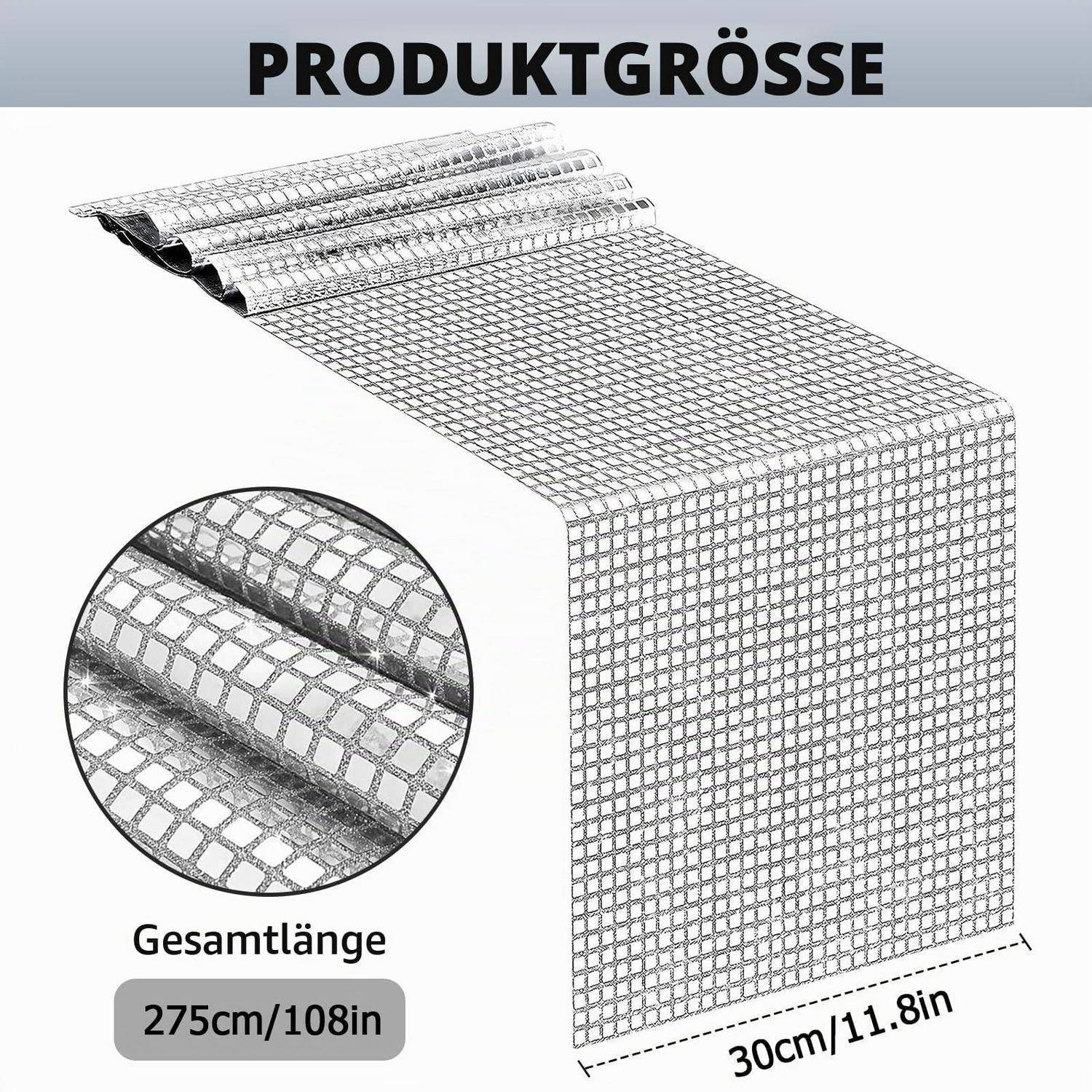 Produktgrößendiagramm mit einer silbernen Meshrolle, Gesamtlänge 275 cm/108 Zoll und Breite 30 cm/11,8 Zoll.