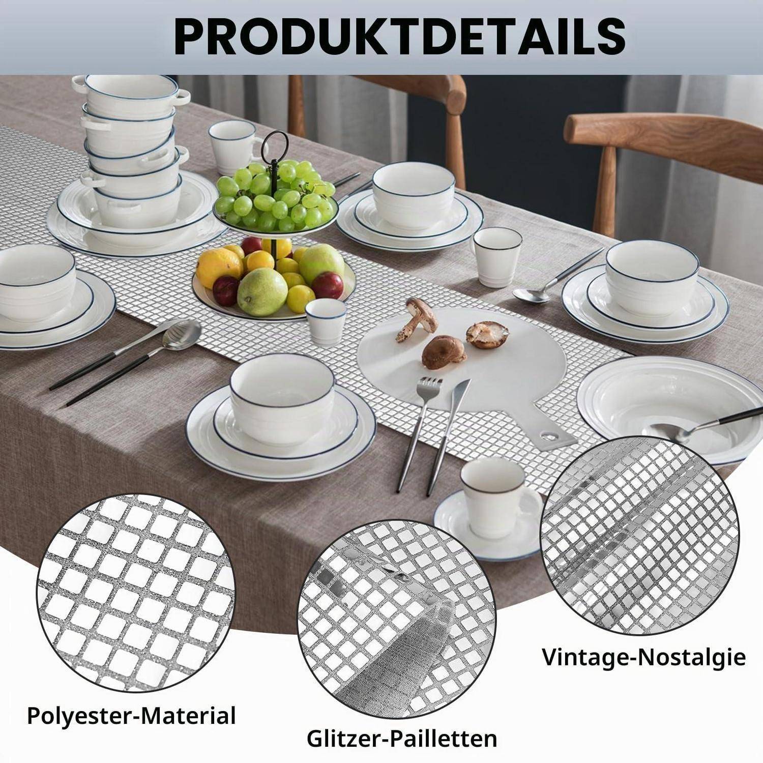 Tischgedeck mit weißen Tellern, Schüsseln und Obstanordnungen auf einer braunen Tischdecke; Produktdetails heben Polyestermaterial, glitzernde Pailletten und Vintage-Nostalgie-Design hervor.
