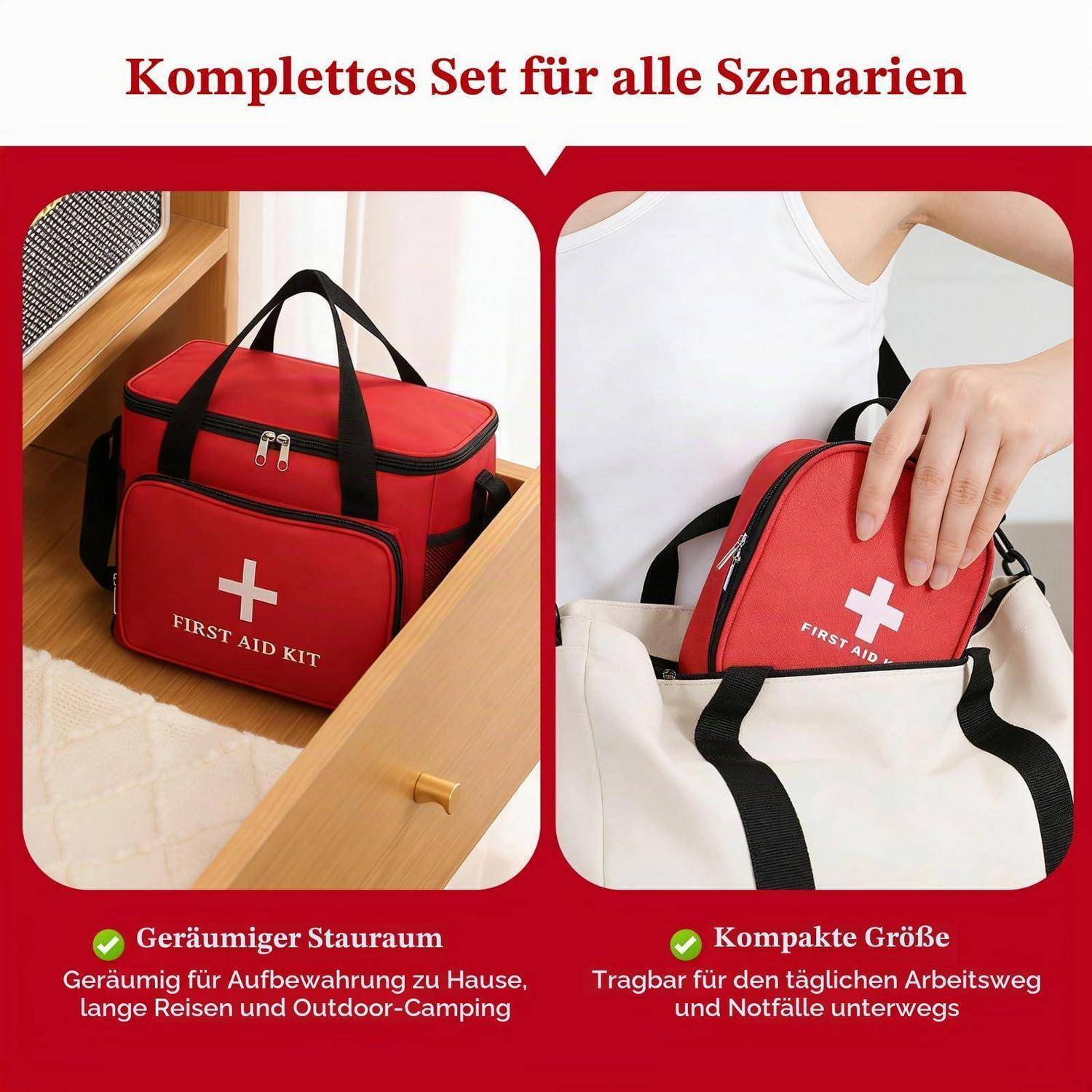 Rotes Erste-Hilfe-Set mit schwarzen Griffen, gezeigt in zwei Anwendungen: gelagert in einer Schublade und in einer Tasche getragen. Deutscher Text sagt „Komplettes Set für alle Szenarien