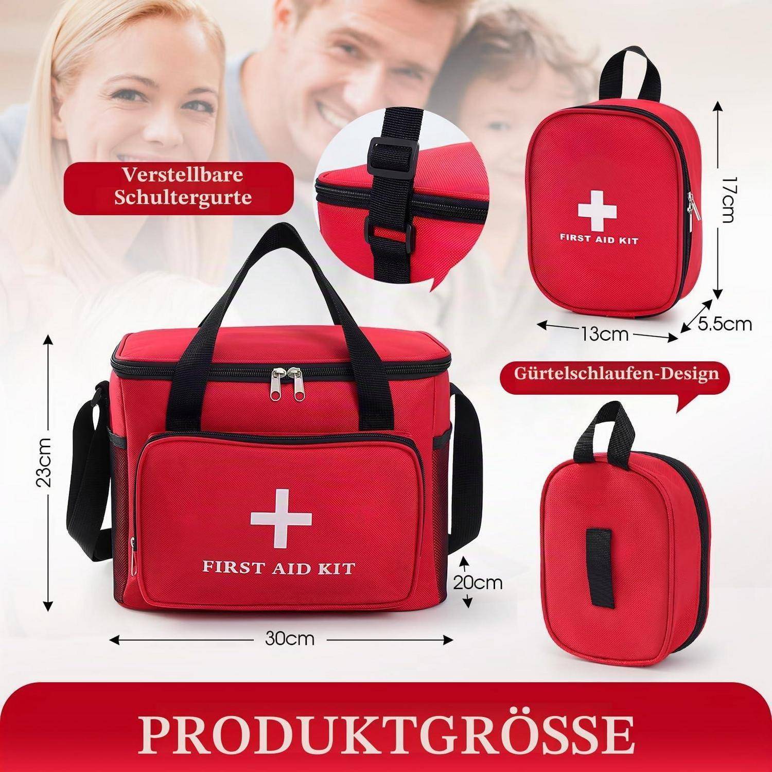 Rote Erste-Hilfe-Tasche mit verstellbarem Schultergurt und Schlaufendesign am Gürtel, mit beschrifteten Abmessungen: 30x23x20 cm, plus eine Ansicht von 17x13x5,5 cm.