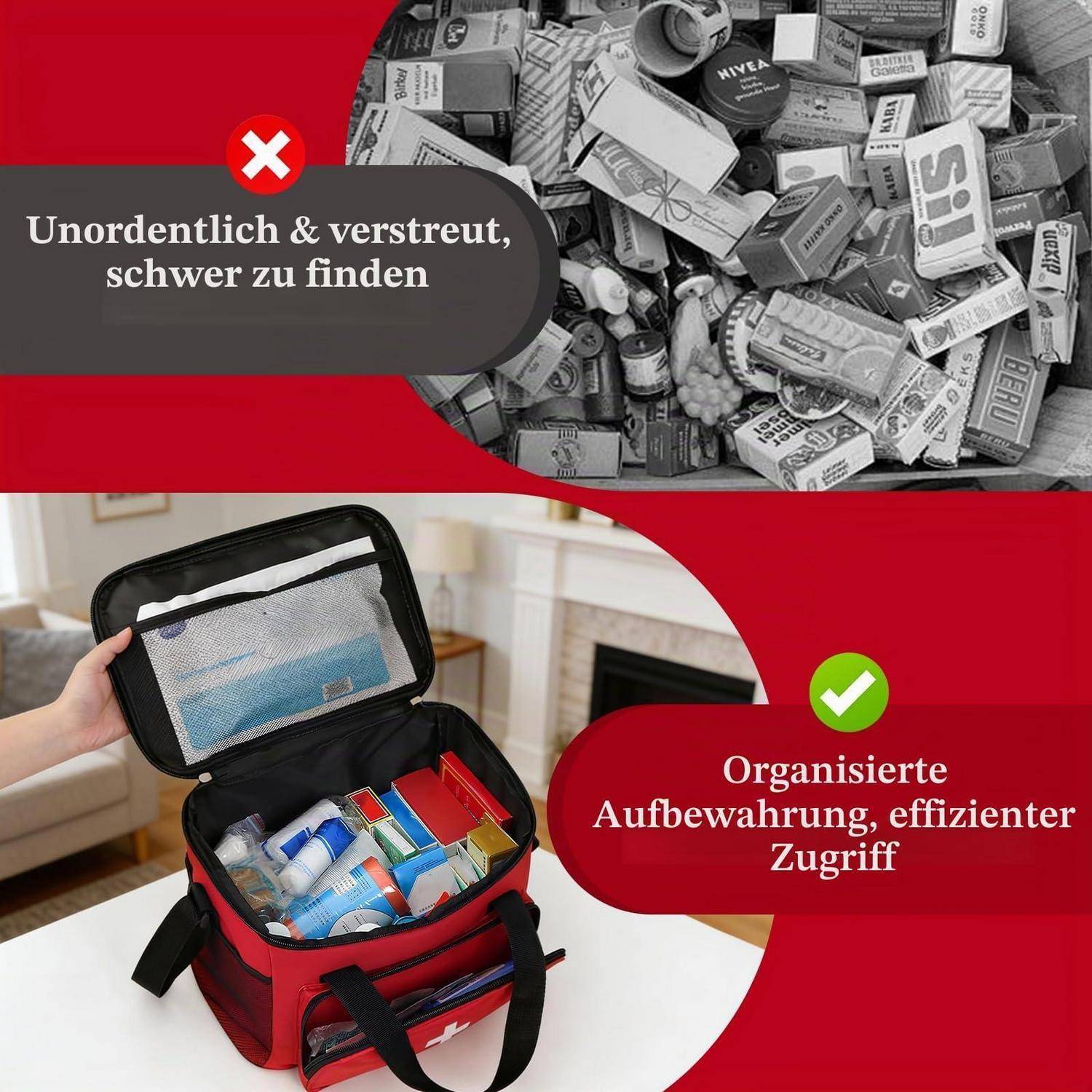 Vergleichsgrafik: ungeordnete Ansammlung verschiedener Kartons mit der Beschriftung „Unordentlich & verstreut, schwer zu finden