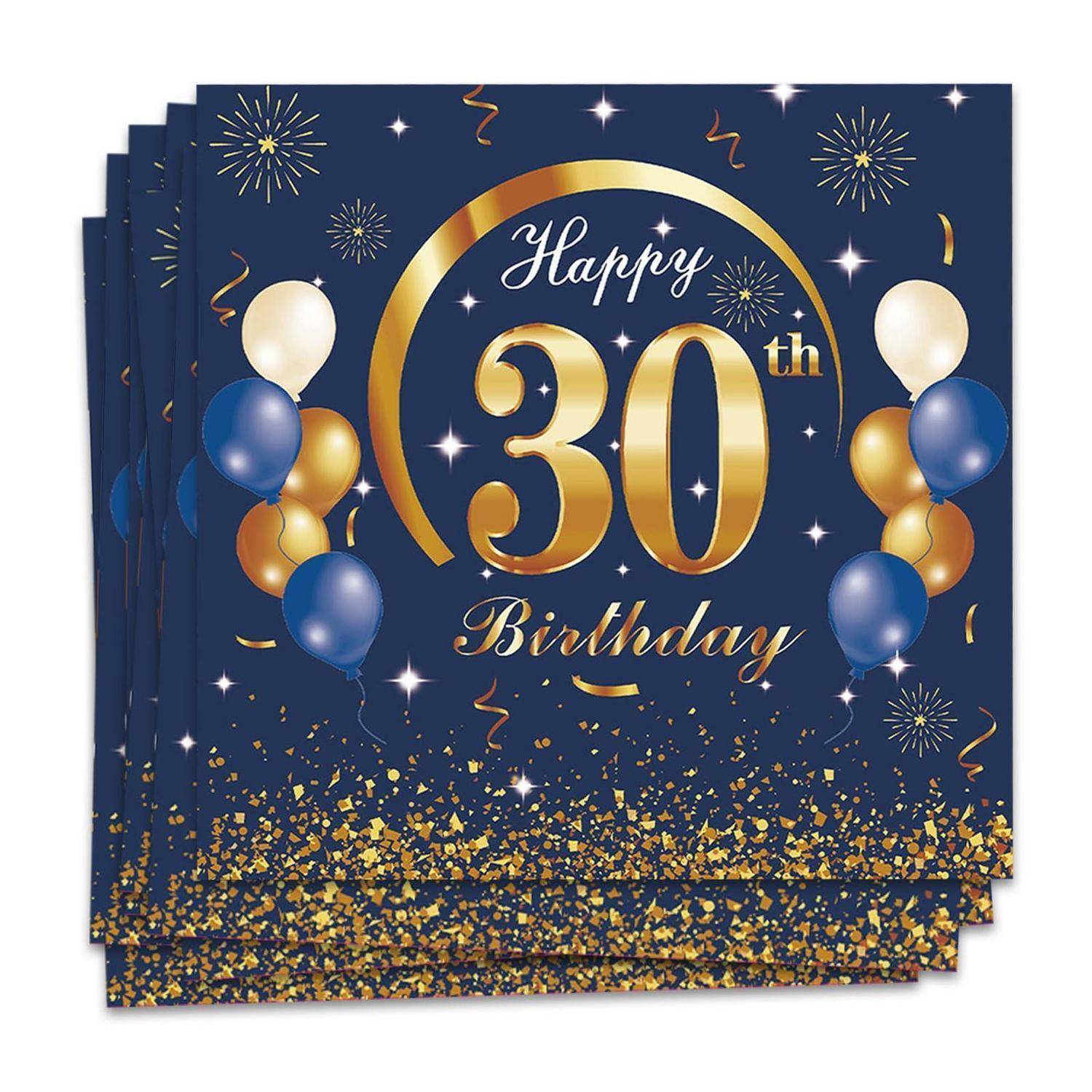 Stapel aus dunkelblauenund goldenen 30. Geburtstagskarten mit Luftballons, Feuerwerk und Konfetti, mit dem Text „Alles Gute zum 30. Geburtstag