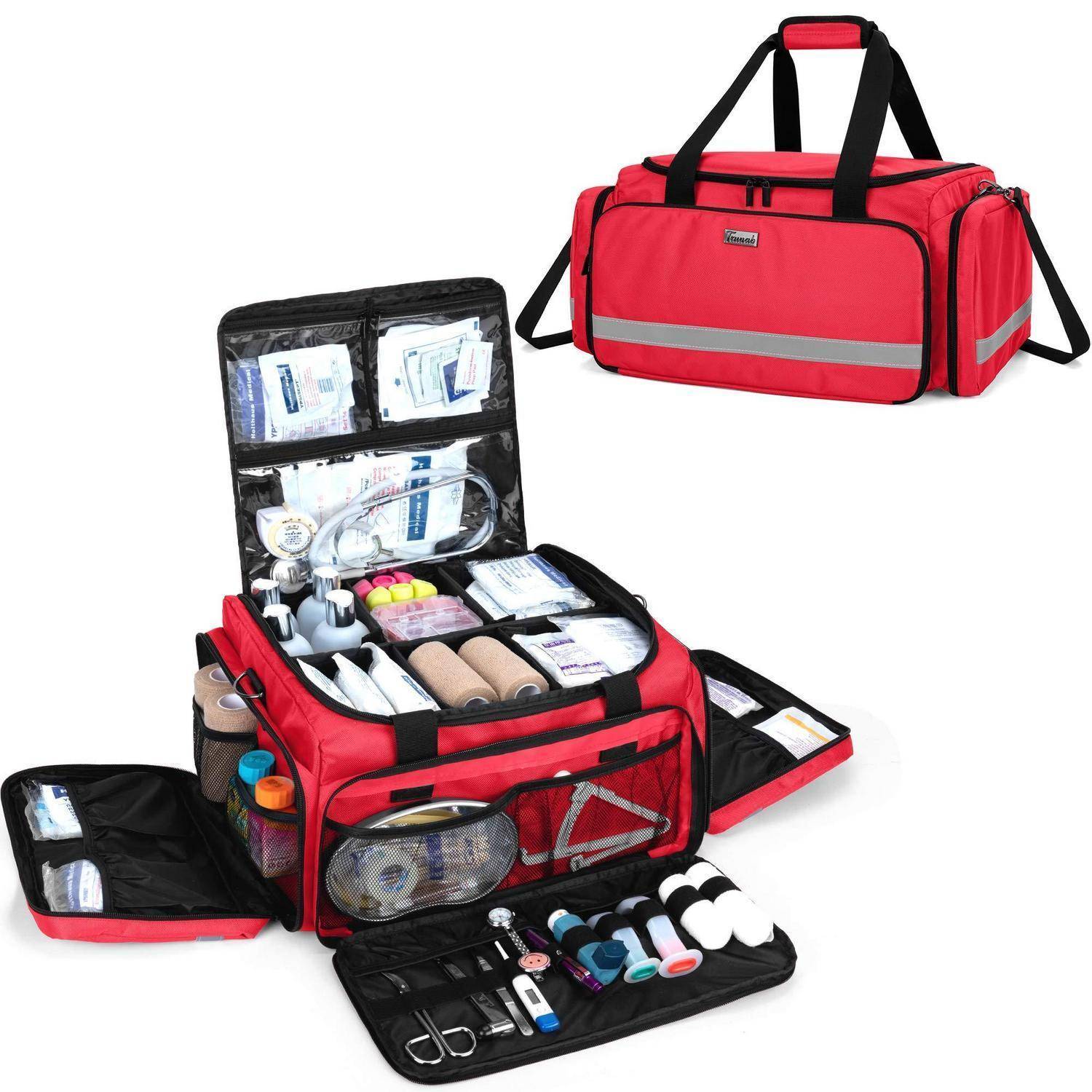 Roter Notfall-Sanitätstasche mit offenen Fächern, die Erste-Hilfe-Materialien, Verbandsmittel und medizinische Instrumente enthält; eine Tasche im Hintergrund geschlossen dargestellt.