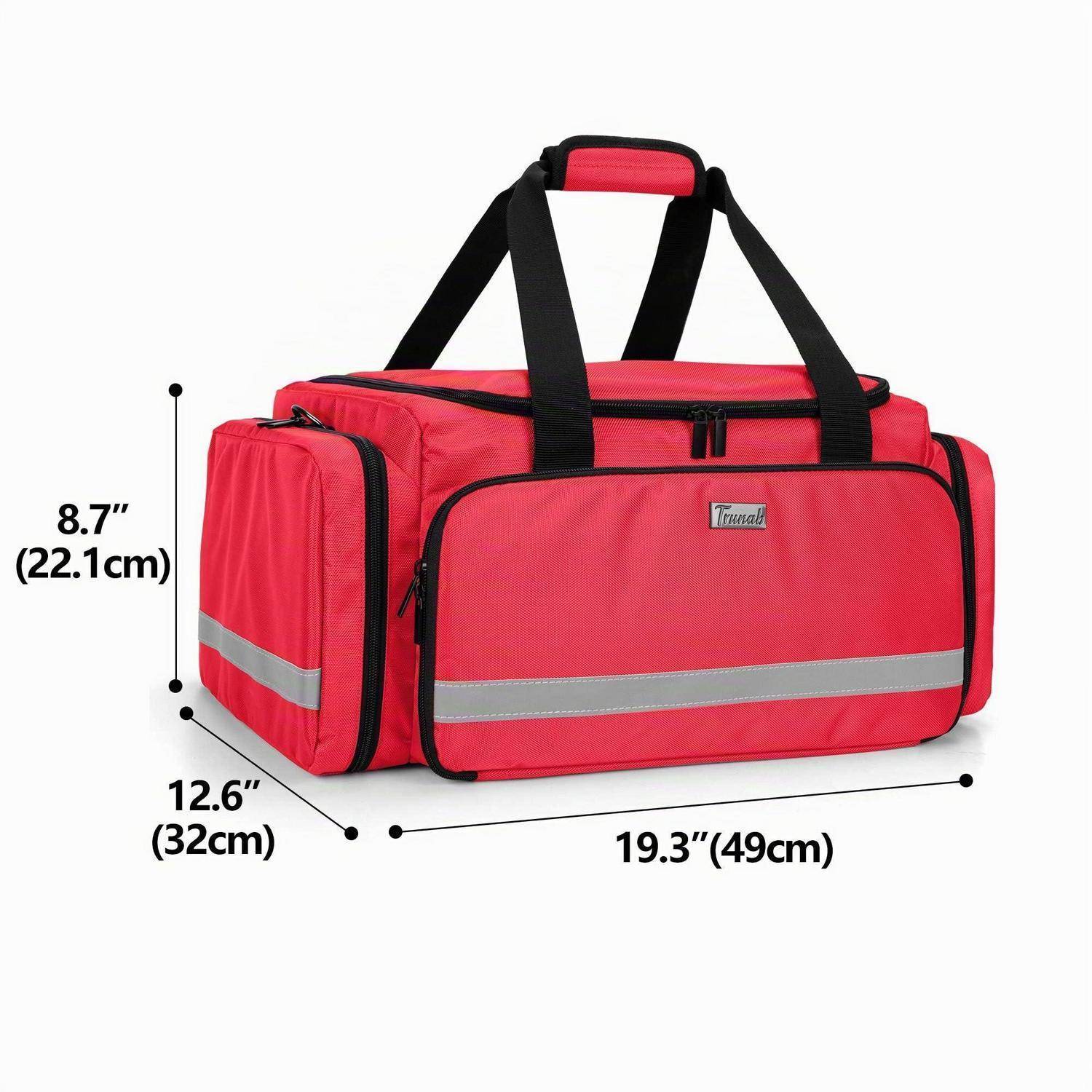 Rote Reisetasche im Duffel-Stil mit schwarzen Griffen und Schultergurten, dargestellt mit den Abmessungen 19,3 x 12,6 x 8,7 Zoll (49 x 32 x 22,1 cm).