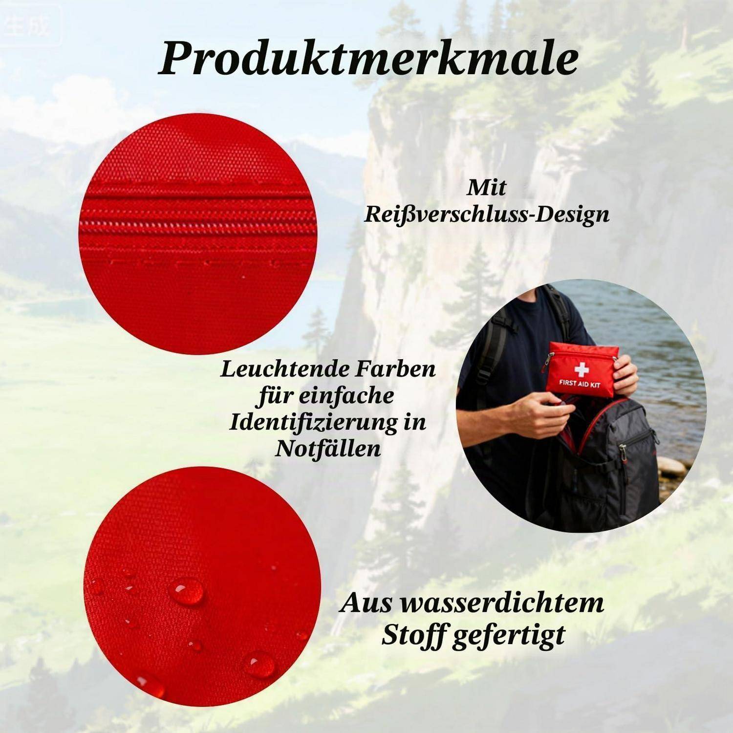 Deutsches Produktmerkmal-Grafik für einen roten Erste-Hilfe-Koffer: Reißverschluss-Design, leuchtende Farbe zur leichten Identifizierung in Notfällen und wasserdichtes Material.