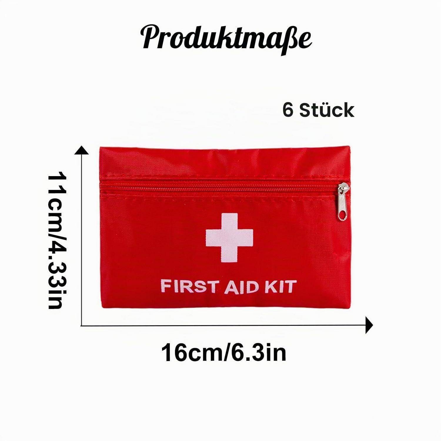 Rote Erste-Hilfe-Tasche mit der Aufschrift "FIRST AID KIT"" und weißem Kreuz; Produktabmessungen 16 cm x 11 cm, 6 Stück.