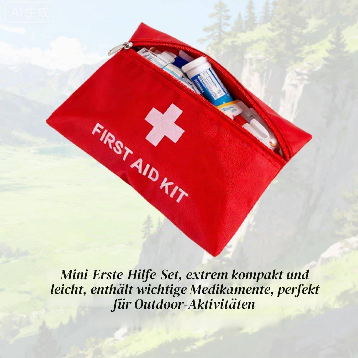 Rotes Erste-Hilfe-Set mit Reißverschluss, weißem Kreuz und sichtbaren Medikamententuben, beworben als kompaktes Mini-Erste-Hilfe-Set für Outdoor-Aktivitäten.