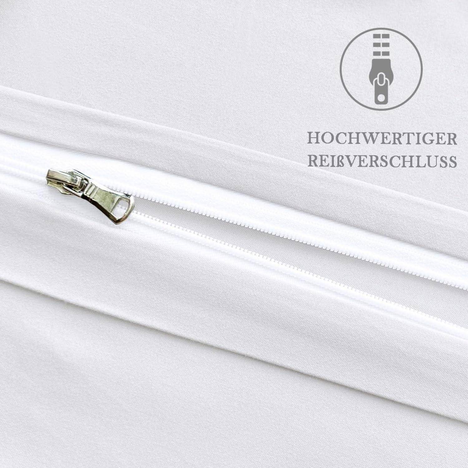 Nahaufnahme eines weißen Reißverschlusses mit Metalllaschen auf leichtem Stoff, beschriftet mit „HOCHWERTIGER REIßVERSCHLUSS" und einem Reißverschluss-Symbol.