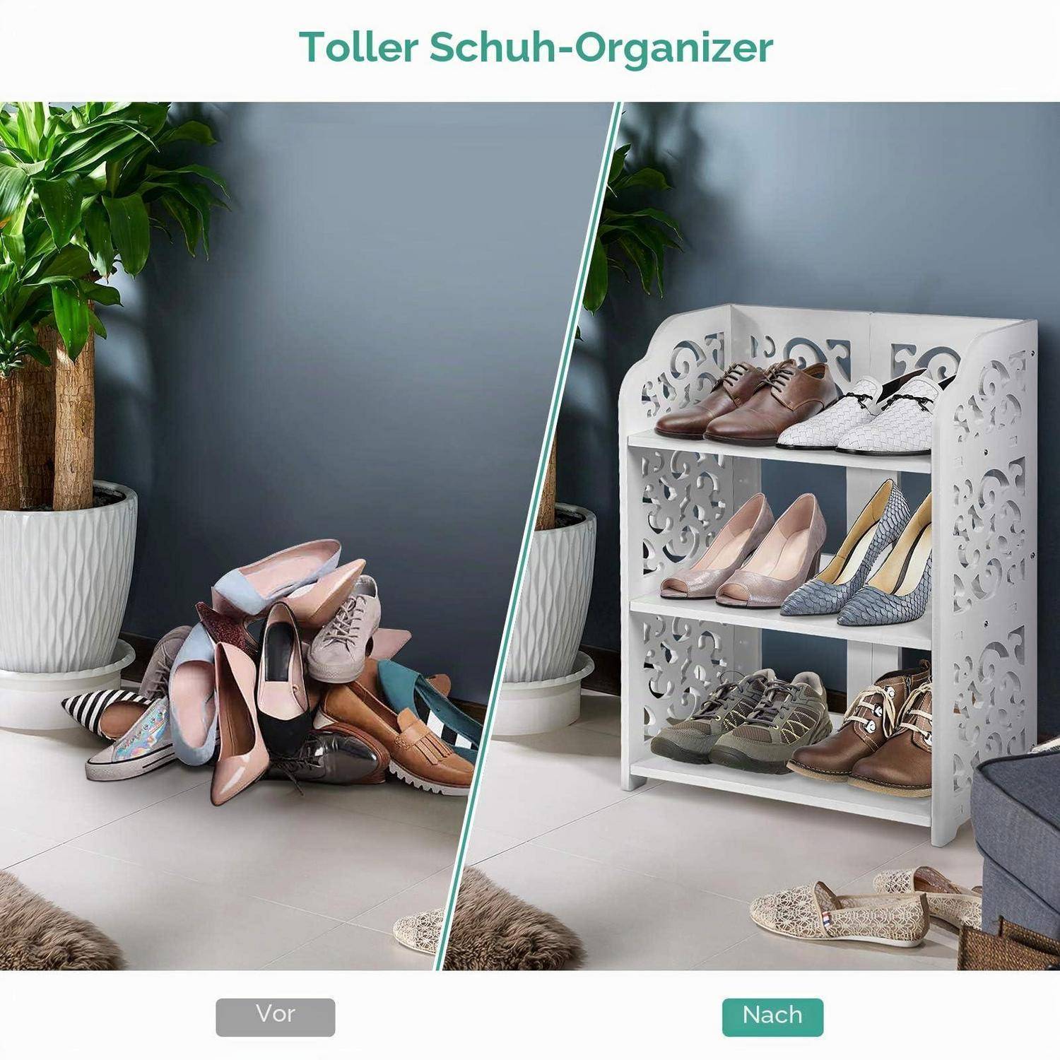 Vorher-und-Nachher-Bild eines „Tollen Schuh-Organizers": links sind Schuhe auf dem Boden aufgestapelt, rechts sind sie ordentlich in einem dekorativen weißen Schuhregal arrangiert.