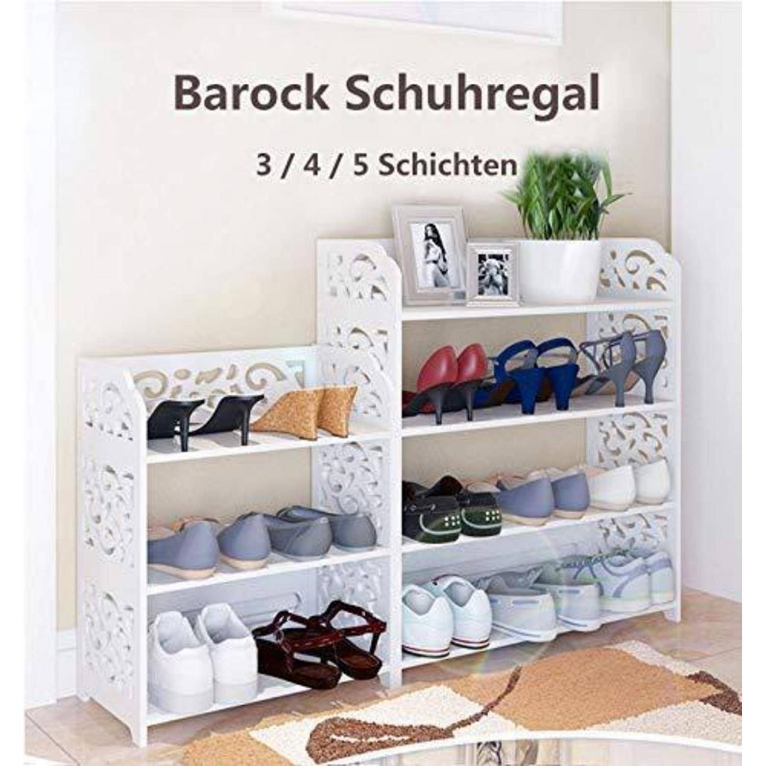 Weißes dekoratives Schuhregal mit geschnitzten Seiten, das mehrere Paar Schuhe und eine Pflanze präsentiert; der Text lautet „Barock Schuhregal 3/4/5 Schichten".