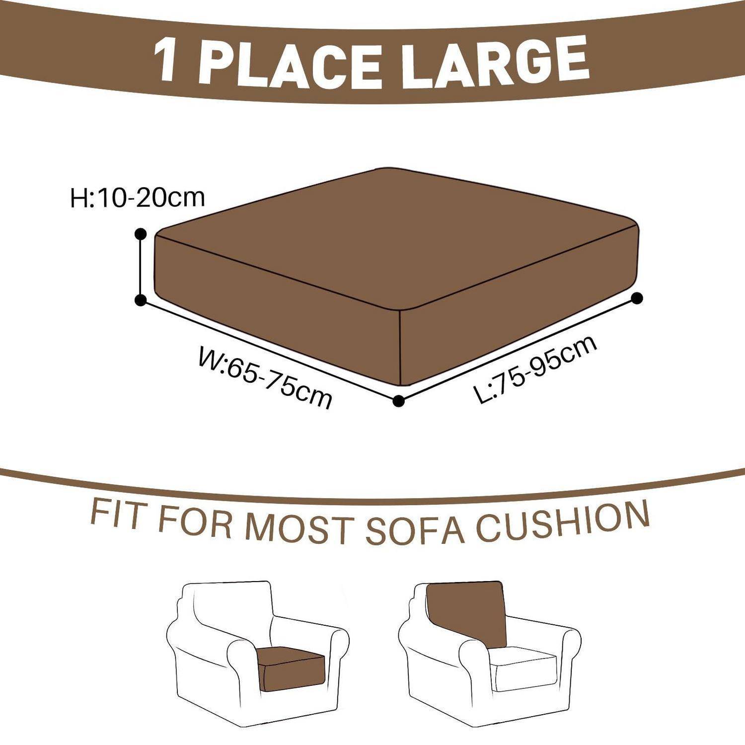 Diagramm einer großen Sofakissenhülle mit Abmessungen H: 10-20 cm, B: 65-75 cm, L: 75-95 cm, gekennzeichnet mit "1 PLATZ GROßES KISSEN"" und ""PASST FÜR DIE MEISTEN SOFAKISSEN"".