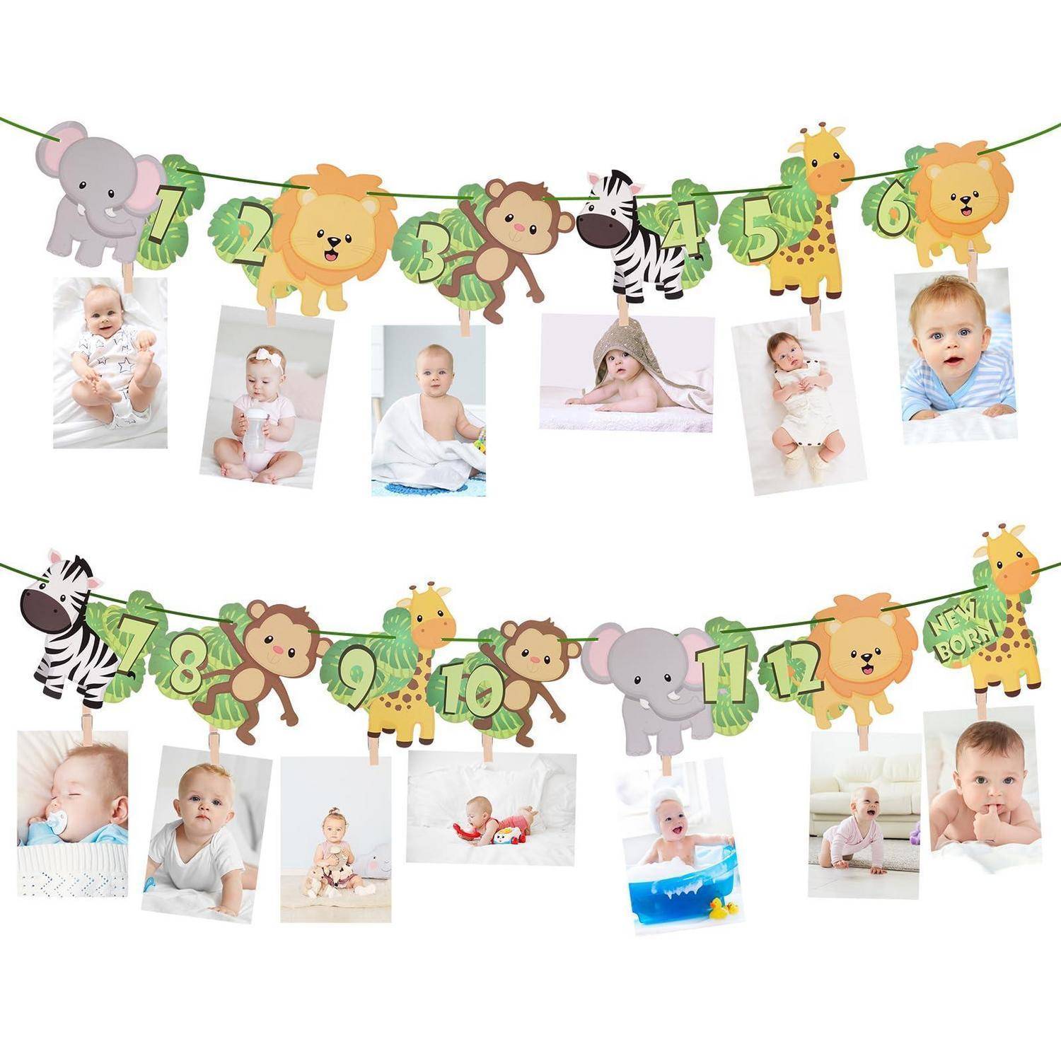 Zwei dschungelthematische Meilenstein-Banner mit Cartoon-Tieren und grünen Zahlenkarten 1–12, jeweils mit darunter hängenden Babyfotos, die das Wachstum im ersten Jahr zeigen.