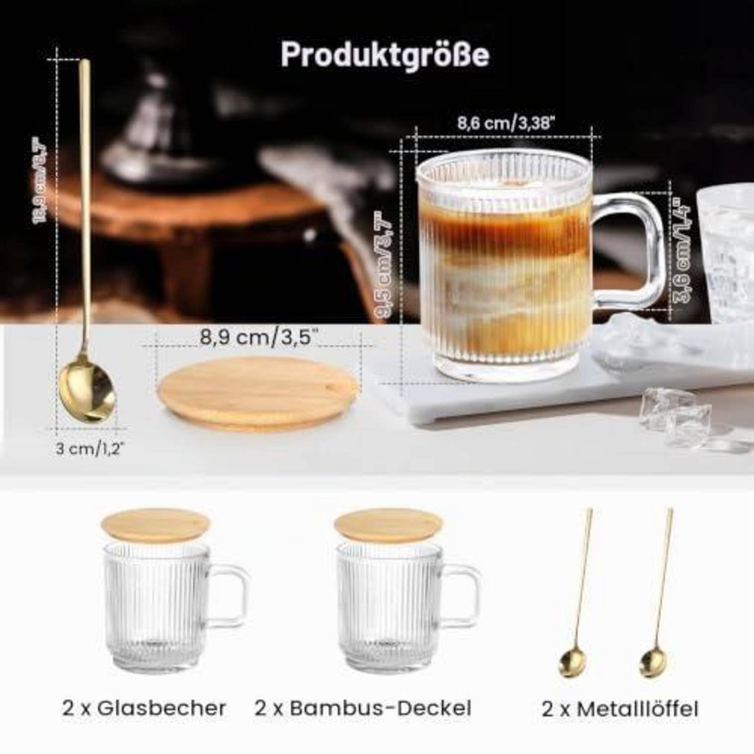 Größentabelle für Produkte mit geripptem Glasbecher mit Bambusdeckel und Metallöffel; umfasst Abmessungen und Packungsinhalt: 2 Glastassen, 2 Bambusdeckel, 2 Metallöffel.