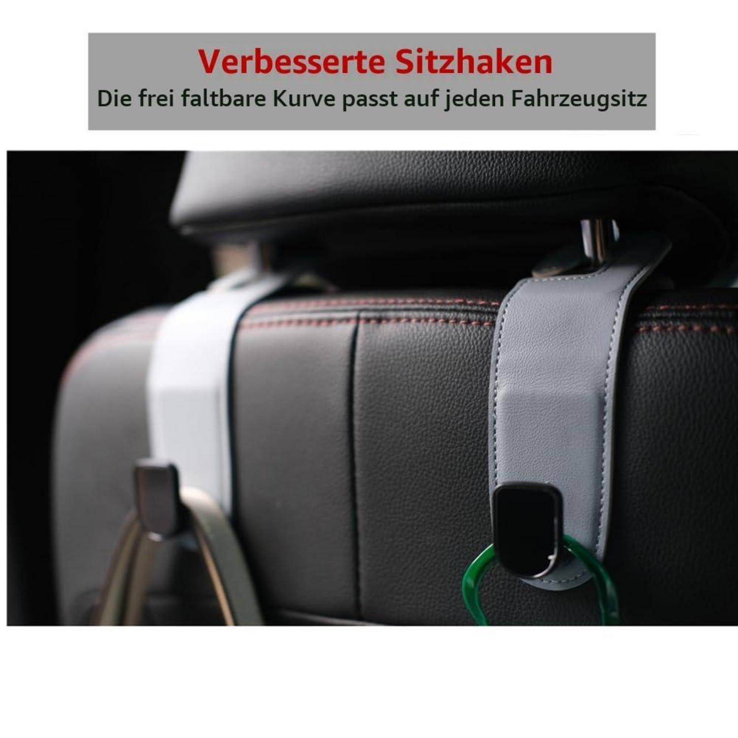 Foto eines Autositzes mit verstellbaren flexiblen Haken; deutscher Text sagt „Verbesserte Sitzhaken