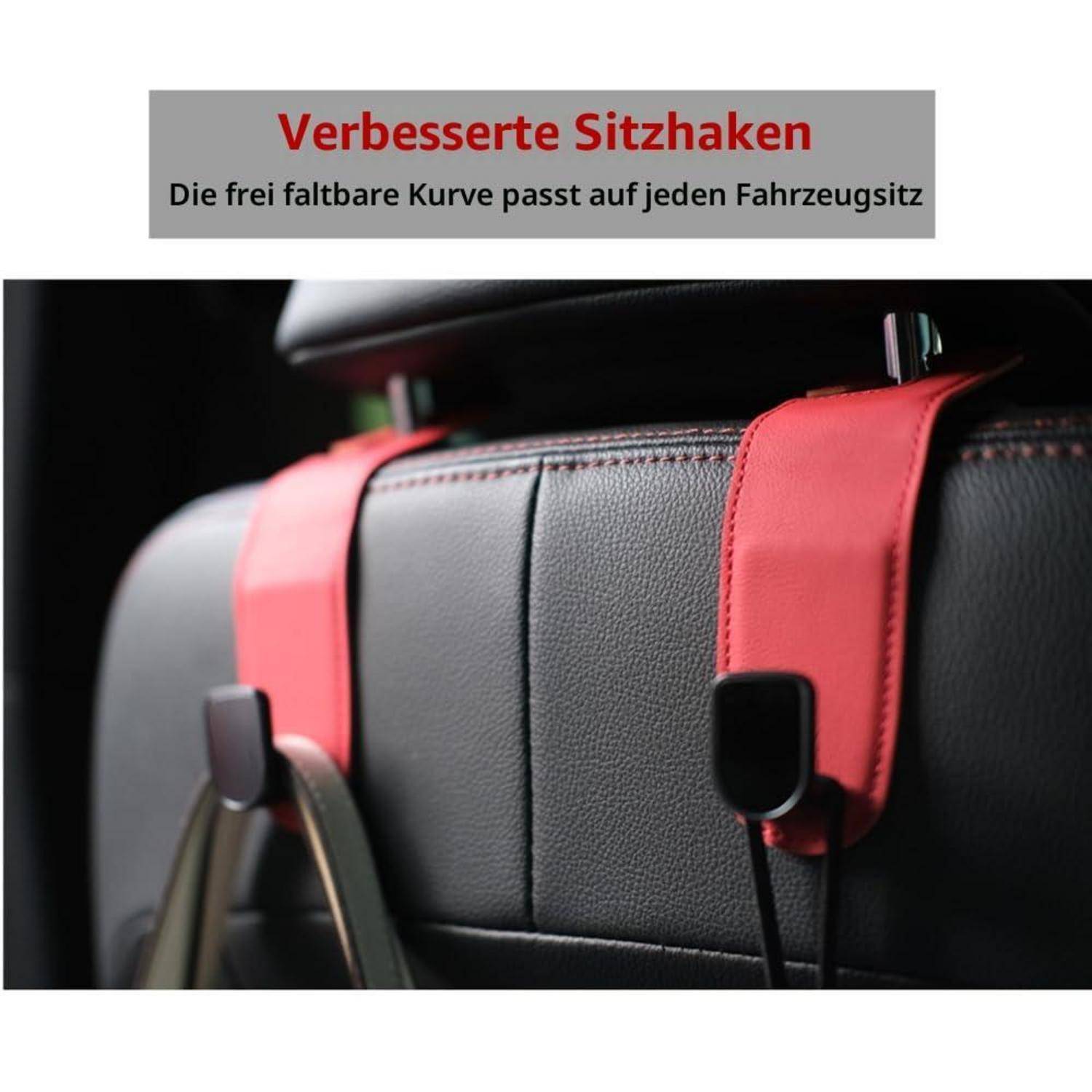 Autositzrücken mit zwei roten verstellbaren Riemen; Der deutsche Text lautet „Verbesserte Sitzkissen