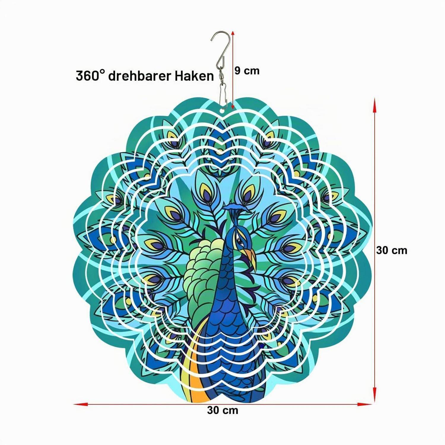 Pfauenförmiges Hängdekor mit 360°-Drehkula, 30 cm breit und 30 cm hoch, gezeigt mit einem 9 cm langen Aufhänger.