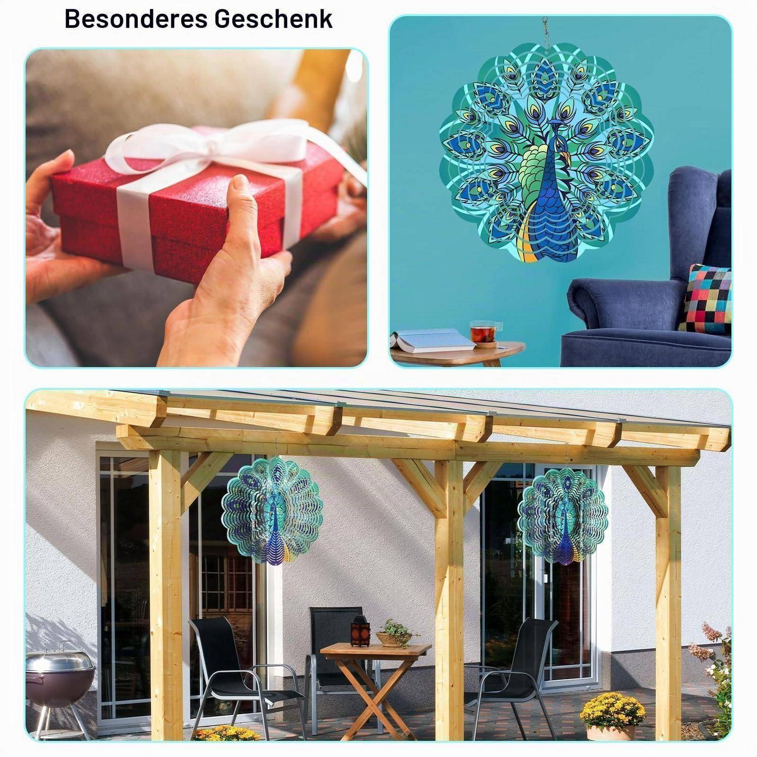 Werbekollage einer Wanddekoration mit Pfau-Motiv: ein eingepacktes Geschenk, das Pfau-Design an einer Wand in einem Wohnzimmer, und zwei hängende Pfau-Ornamente an einer Terrassenlaube.