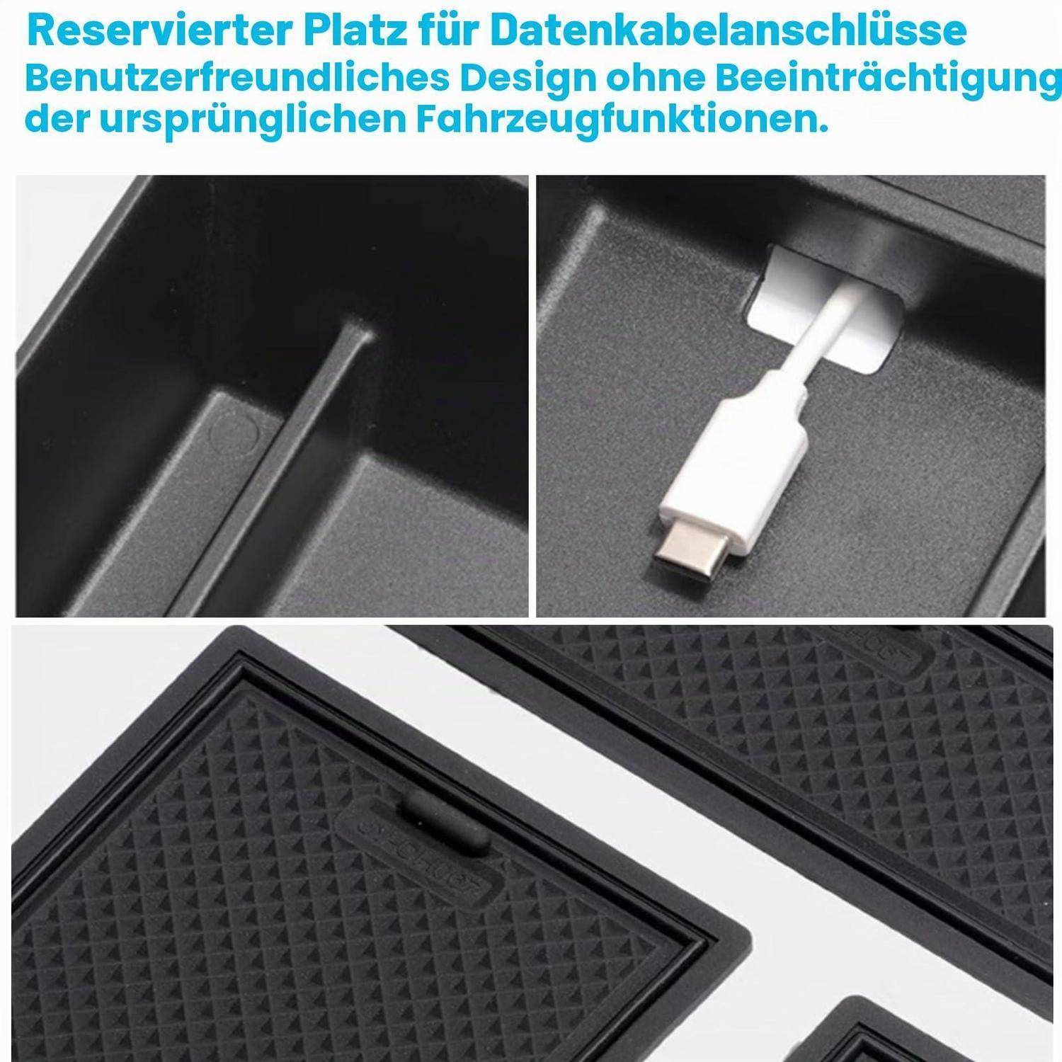 Autoinnenraum mit reservierten Kabelführungsöffnungen; eine Öffnung ist offen, eine andere hat ein USB-Kabel verlegt, das ein benutzerfreundliches Design zeigt, das die Fahrzeugfunktionen bewahrt.
