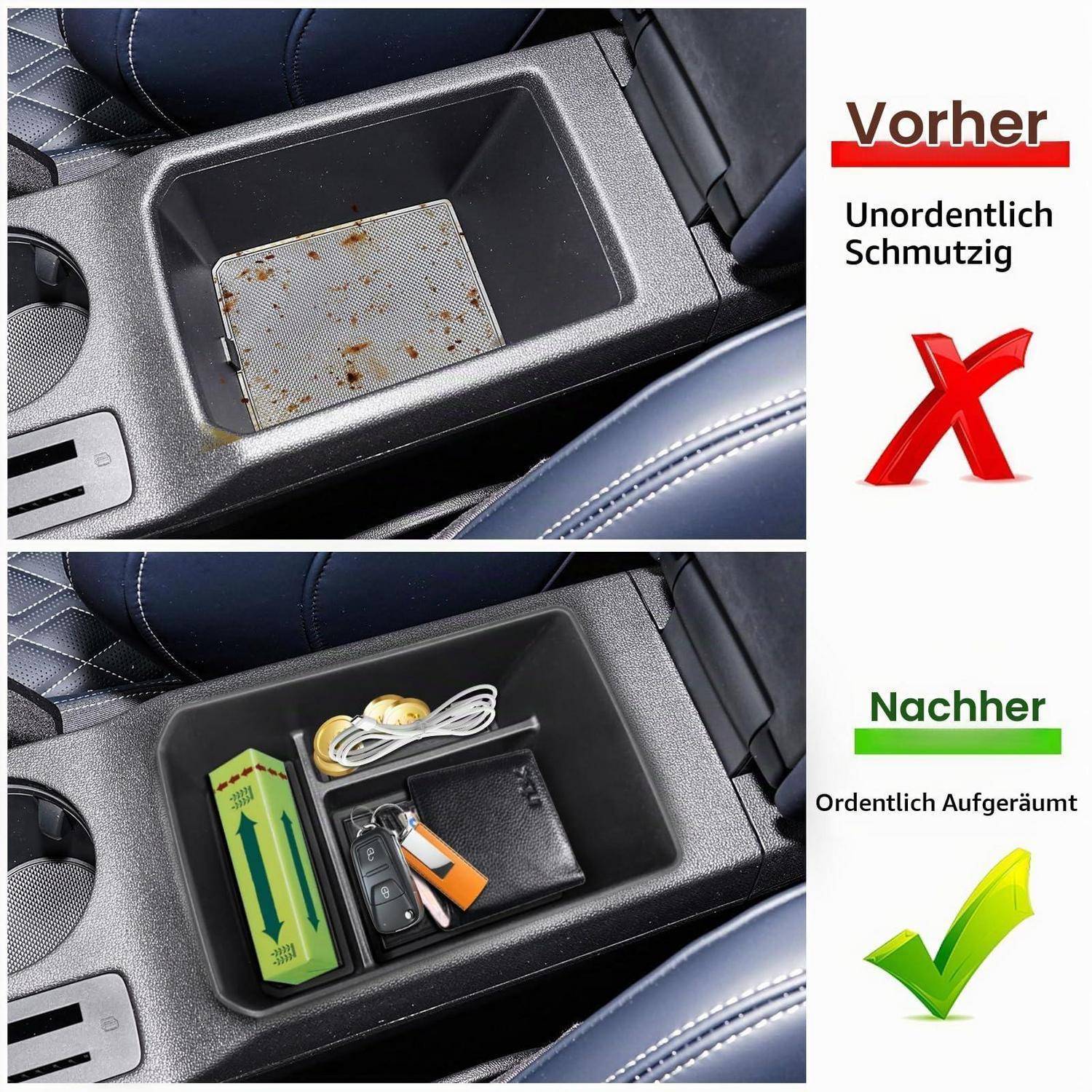 Vorher-und-nachher Autokonsolen-Organizer: Oben zeigt ein unordentliches, schmutziges Fach; unten zeigt es sauber gereinigt und organisiert mit Gegenständen, die in Fächern verstaut sind.