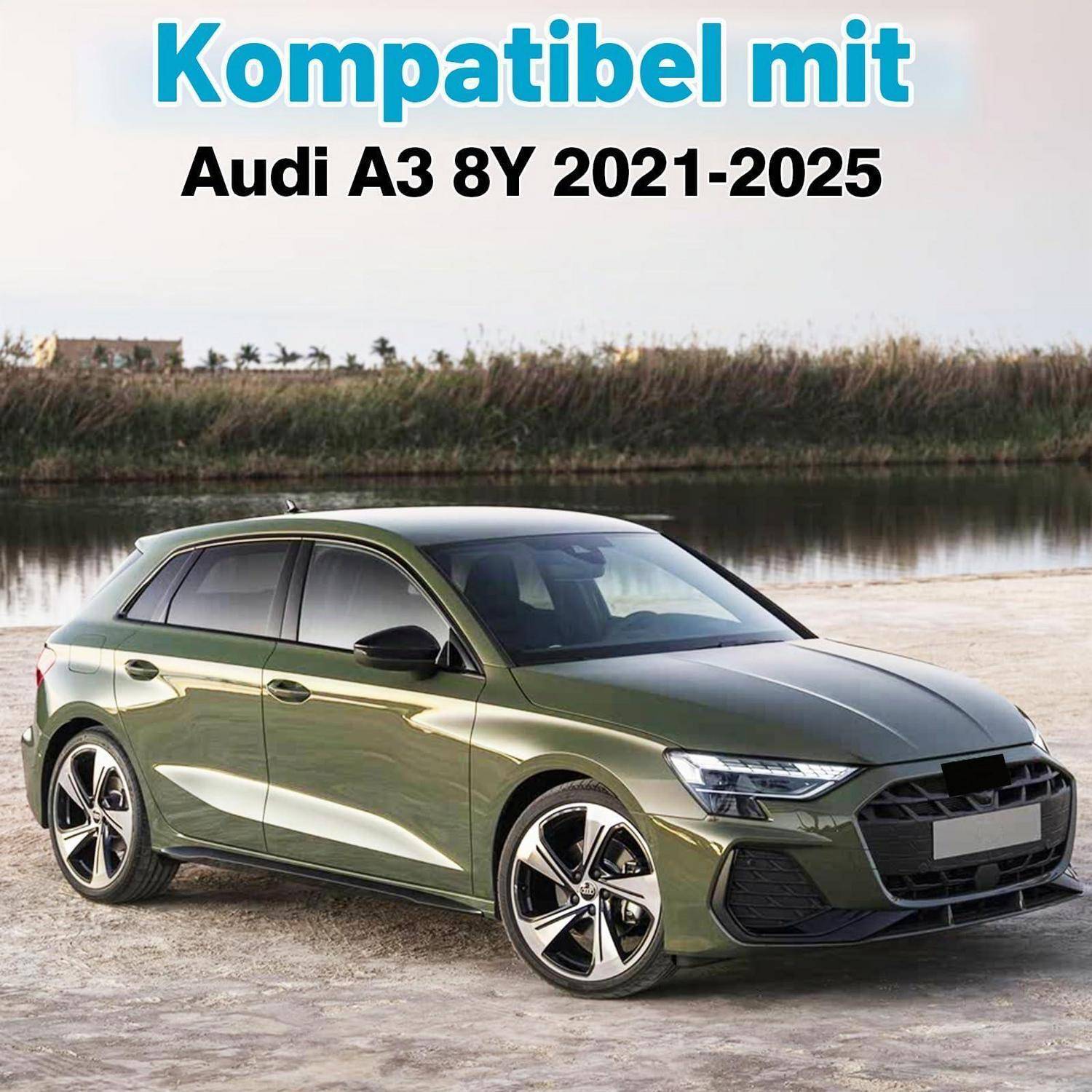 Grüner Schräghecklaster mit Text "Kompatibel mit Audi A3 8Y 2021-2025"", was die Kompatibilität mit diesem Modell und den Baujahren anzeigt.