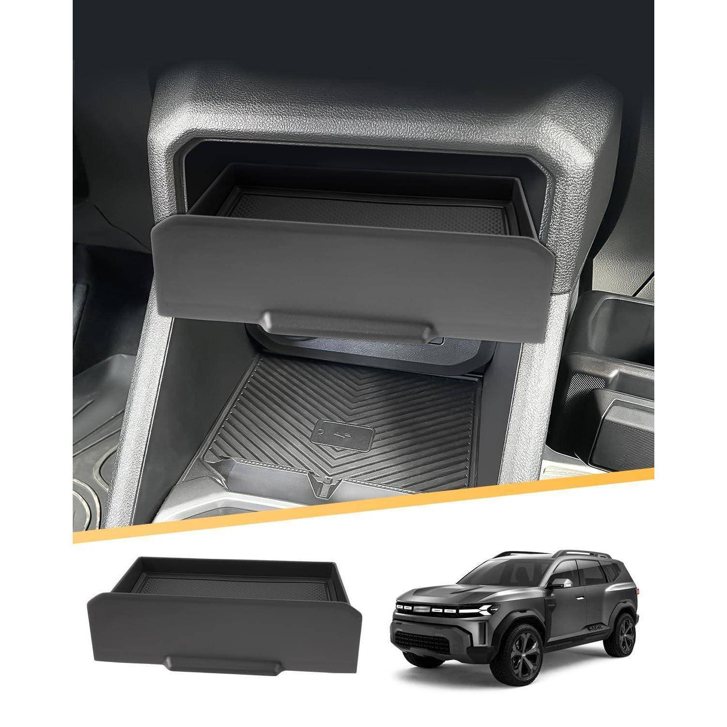 Stauraum in der Mittelkonsole des Autos geöffnet dargestellt, mit eingefügten Produktbildern der Schublade und des SUV, für das sie passt.