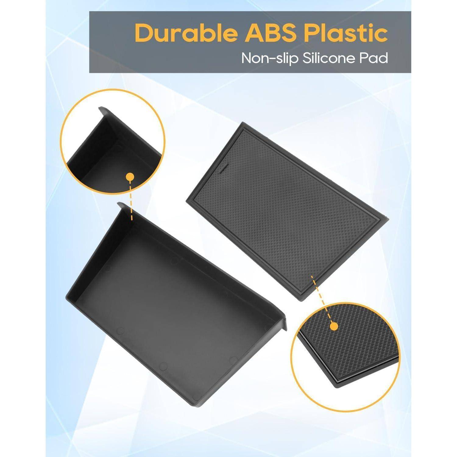 Werbebild eines schwarzen ABS-Tabletts mit einer strukturierten rutschfesten Silikonmatte, mit den Etiketten „Langlebares ABS-Kunststoff" und „Rutschfeste Silikonmatte"".