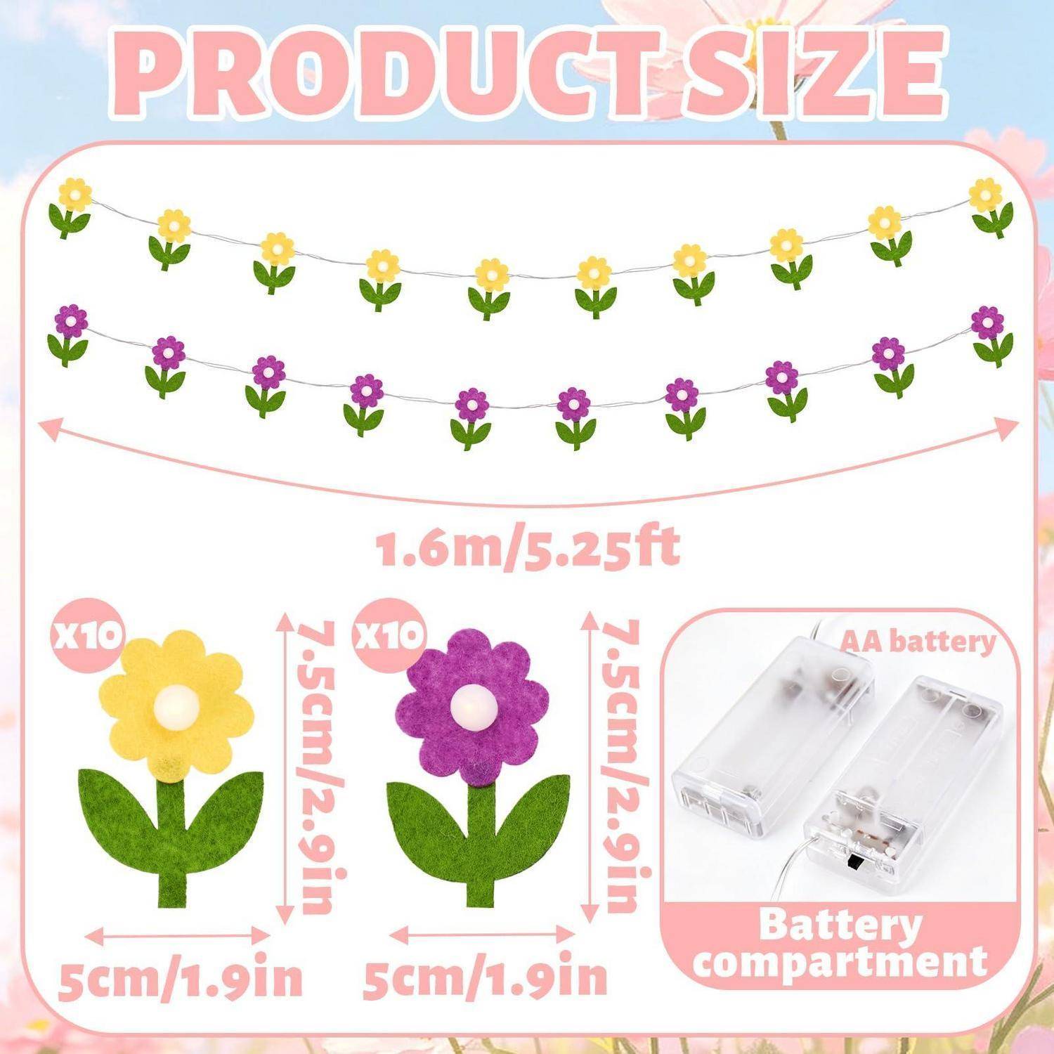 Produktgrößendiagramm mit Blütenlichtern: 1,6 m/5,25 ft Länge, mit 5 cm/1,9 Zoll Blüten, 7,5 cm/2,9 Zoll Höhe und AA-Batteriefach.