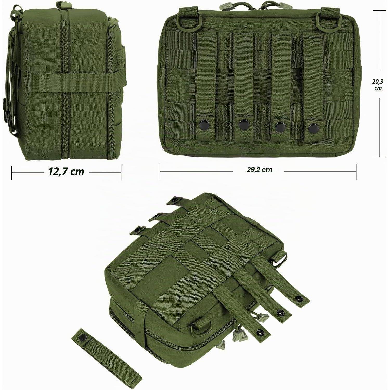 Olivgrüne taktische Tasche gezeigt aus Vorder-, Seiten- und schrägem Blickwinkel, mit MOLLE-Webbing, Reißverschlussschluss und Abmessungen von 29,2 cm x 20,3 cm x 12,7 cm.