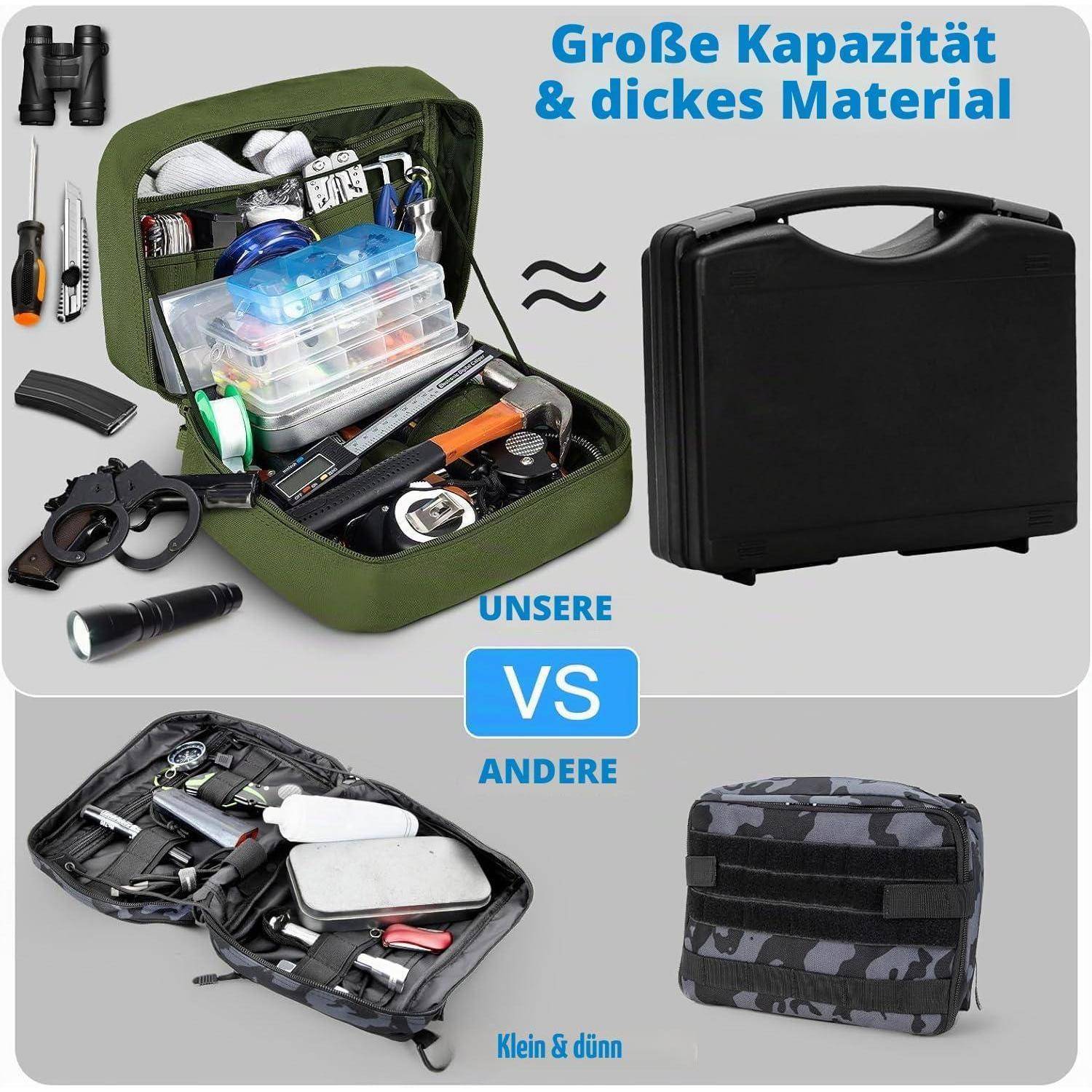 Großer, sperriger grüner Organizer-Reisetasche mit vielen Werkzeugen und Koffern im Vergleich zu kleineren, schlankeren schwarzen Taschen; der Text lautet „Große Kapazität & dickes Material