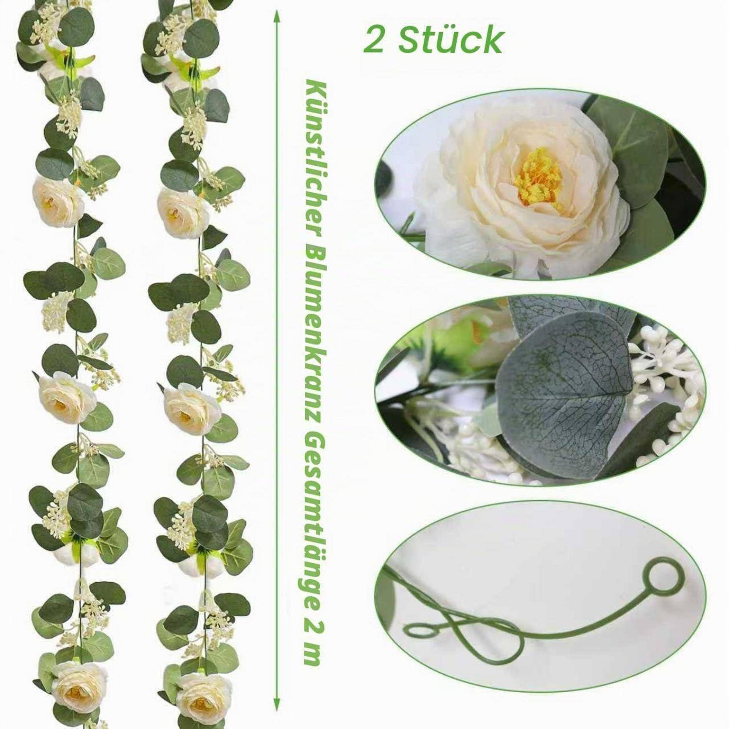 Zwei künstliche Blumengirlanden, je 2 m lang, mit weißen Rosen und grünen Blättern; Nahaufnahmen zeigen Details von Blüte, Blatt und Aufhängeschleife.