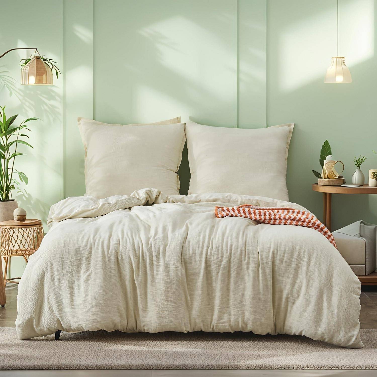 Ein sorgfältig gemachtes Bett mit weißer Bettwäsche und großen Kissen in einem mintgrünen Schlafzimmer, mit sanften Pendelleuchten und kleinen Nachttischen.
