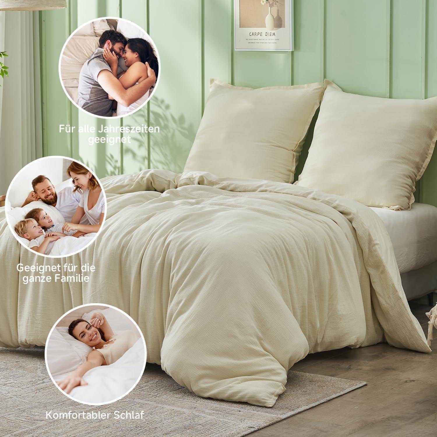 Beige Bettwäscheset auf einem ordentlich gemachtem Bett, mit drei kreisförmigen Einsatzfotos und deutschen Untertiteln, die Ganzjahresnutzung, Familienkomfort und erholsamen Schlaf fördern.