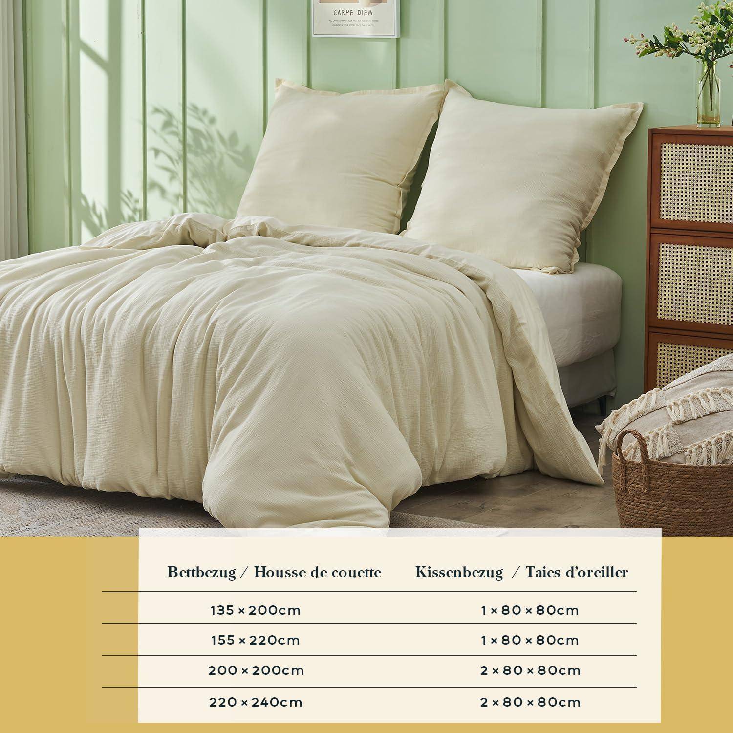 Bettwäsche-Größentabelle mit Maßen für Bettbezüge und Kissenbezüge: 135 x 200 cm, 155 x 220 cm, 200 x 200 cm, 220 x 240 cm; Kissenbezüge 1 oder 2 x 80 x 80 cm.