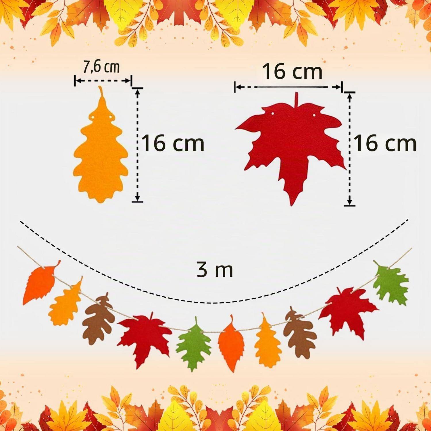 Herbstblattgirlande mit Dekoration in Orange, Rot, Grün und Braun, die an einer 3 m langen gekrümmten Schnur hängt; Blattgrößenbeispiele werden mit 16 cm Höhe und 7,6 cm Breite gezeigt.