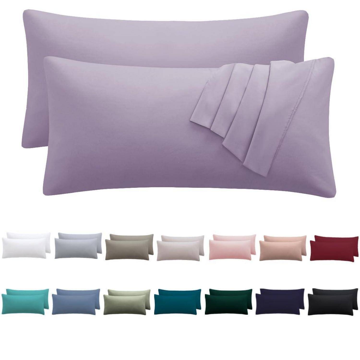 Lavendelschlafzimmer-Set mit zwei Kissenbezügen, darunter Farbmuster in mehreren Unifarben.