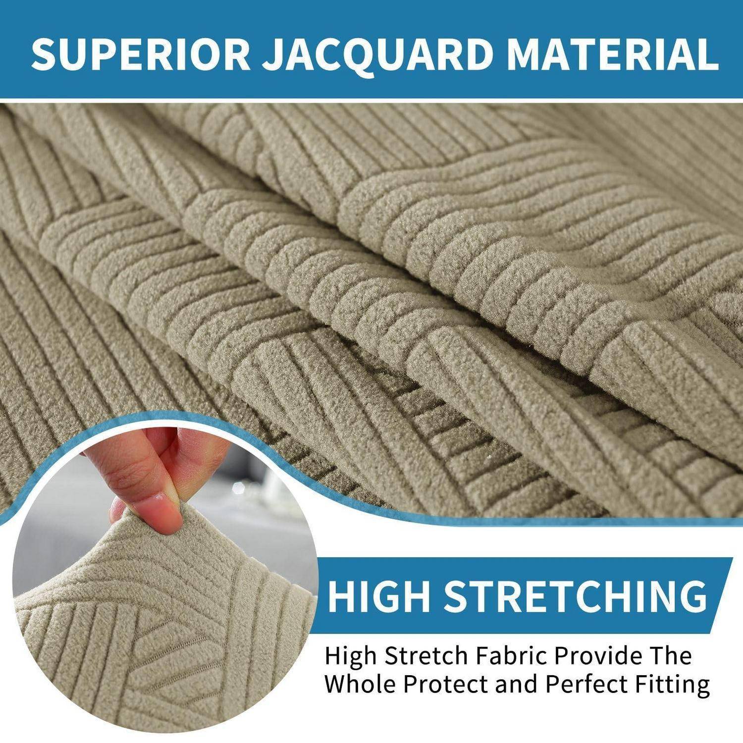 Werbegrafik mit nahaufnahmenahme strukturiertem Jacquard-Stoff und eingefügter Hand, die ihn dehnt; Text hebt „HOCHWERTIGES JACQUARD-MATERIAL" und „HOHE DEHNBARKEIT"" hervor für einen schützenden, perfekten Sitz.