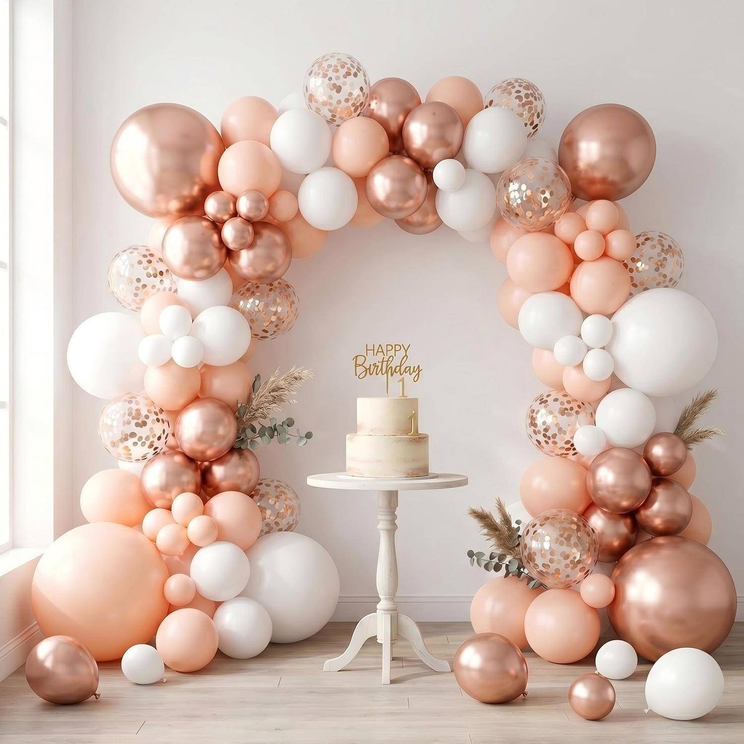 Geburtstagsparty-Setup mit einer weißen Torte auf einem Sockeltisch unter einem Ballonbogen in Roségold, Pfirsich und Weiß, mit einem „Happy Birthday