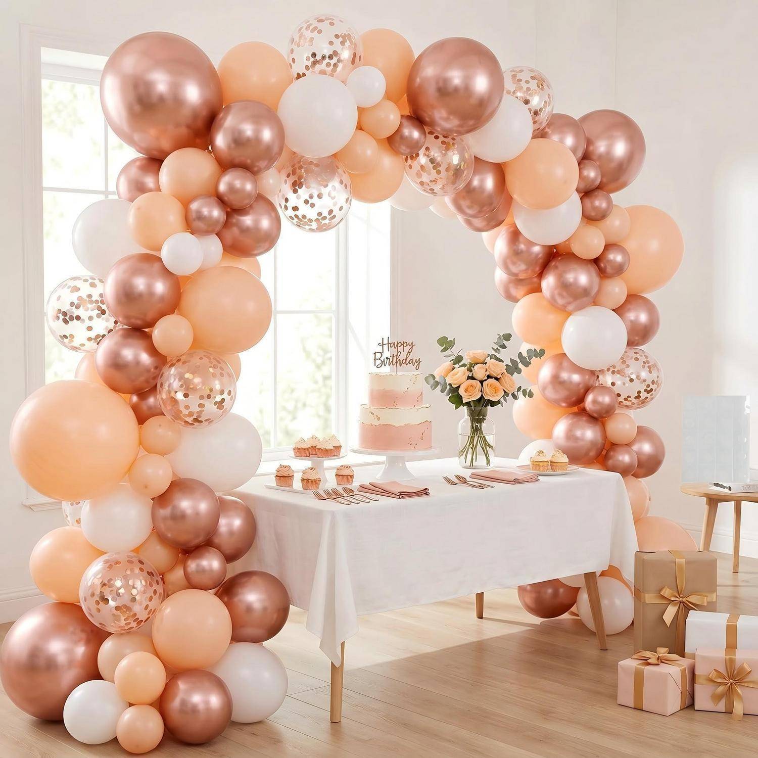 Geburtstagsdesserttisch unter einem Ballonbogen in Pfirsich-, Weiß- und Roségoldtönen, mit Kuchen, Blumen, Cupcakes und verpackten Geschenken.