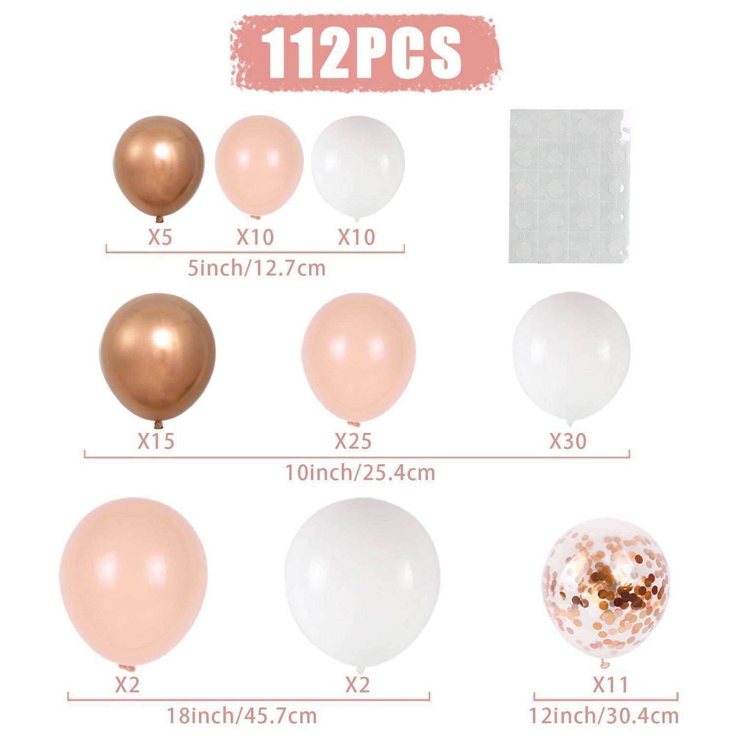 Ballonset-Diagramm mit der Bezeichnung „112 Stück" mit Mengen nach Größe: 5-Zoll-Ballons x5, x10, x10; 10-Zoll x15, x25, x30; 18-Zoll x2, x2; 12-Zoll-Konfetti-Ballons x11, mit einem kleinen Zubehörblatt.