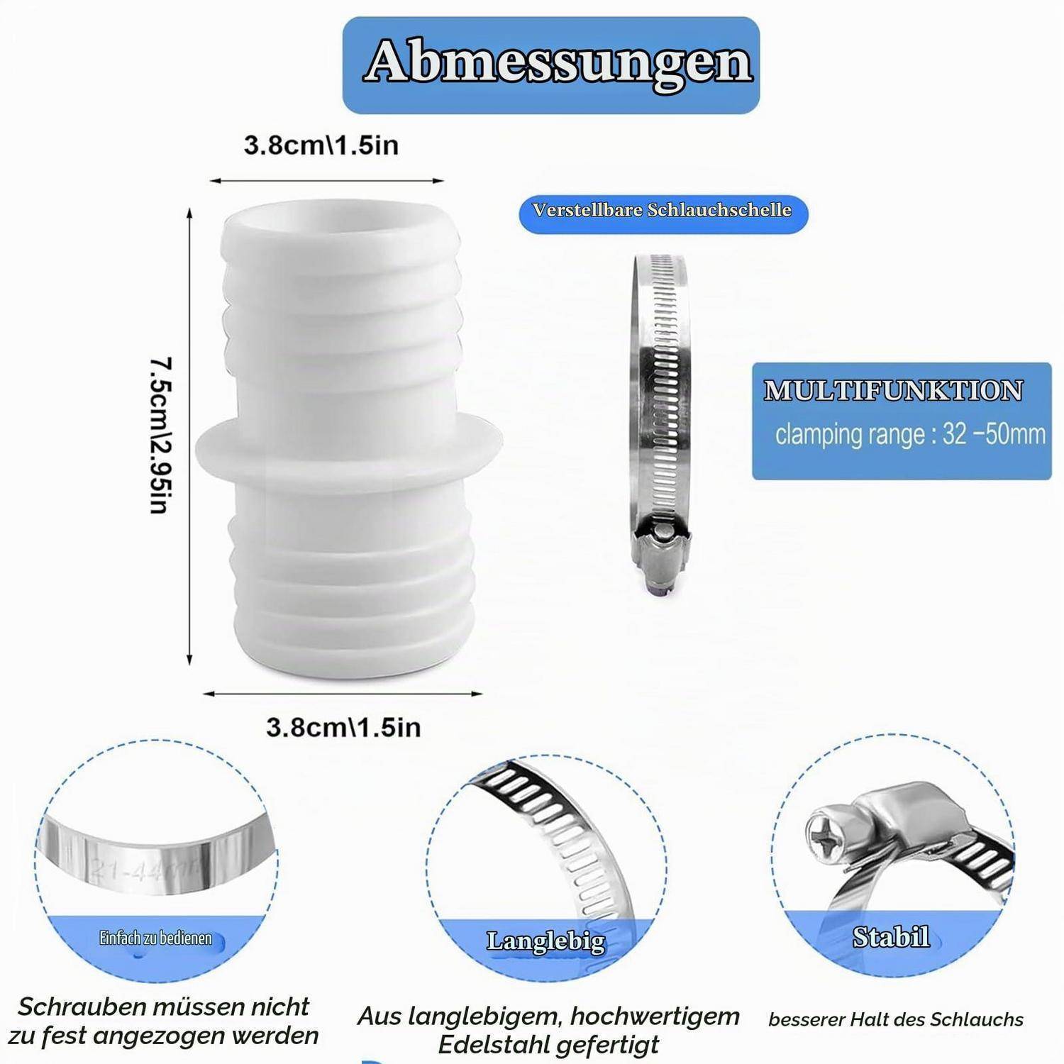 Produktabmessungsgrafik für einen weißen Schlauchverbinder: 7,5 cm hoch, 3,8 cm breit, mit verstellbarer Schelle, 32–50 mm Spannbereich, und Callouts für Haltbarkeit/Stabilität.