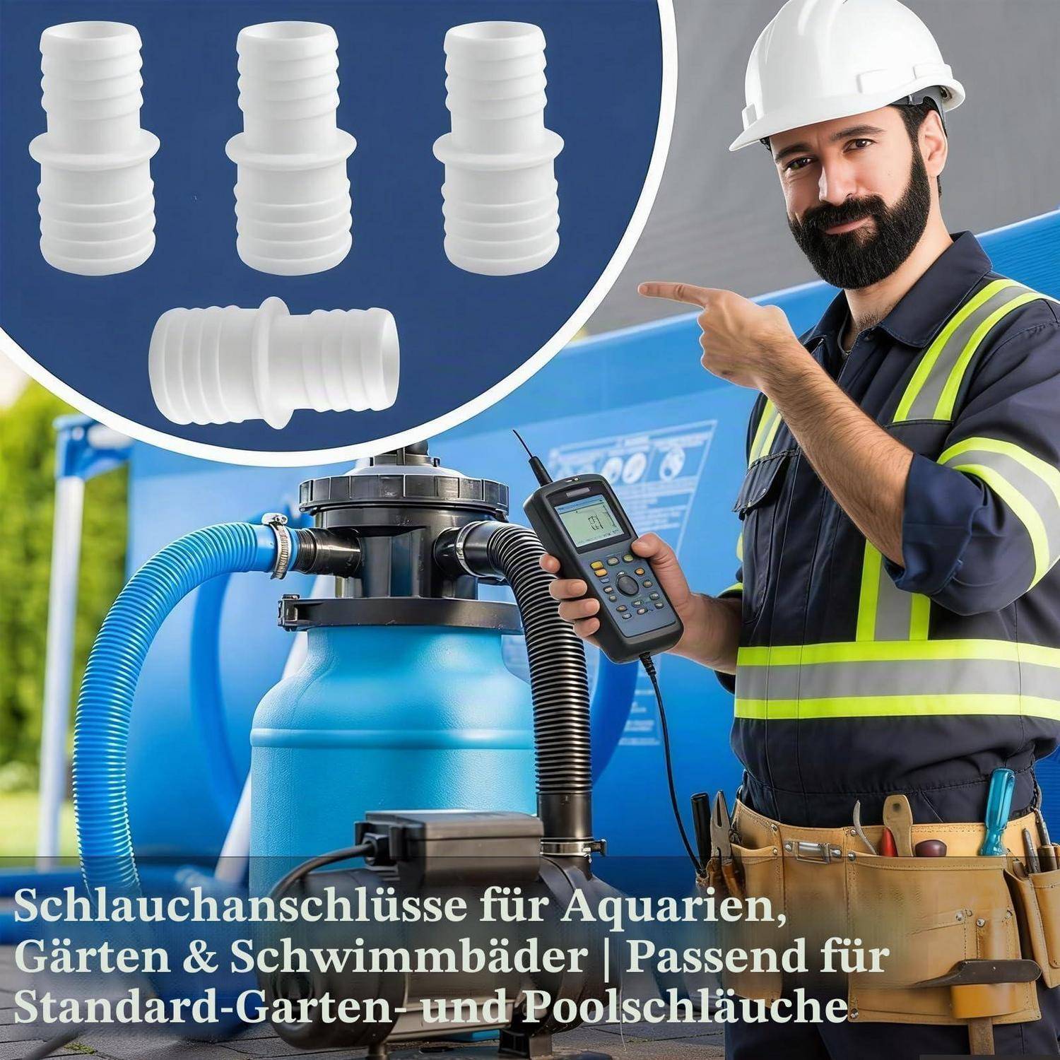 Arbeiter in Schutzhelm zeigt auf Aquariumverbinder und Gartenschlauch-Anschlüsse und präsentiert weiße Kunststoffverbindungen für Standard-Schläuche.