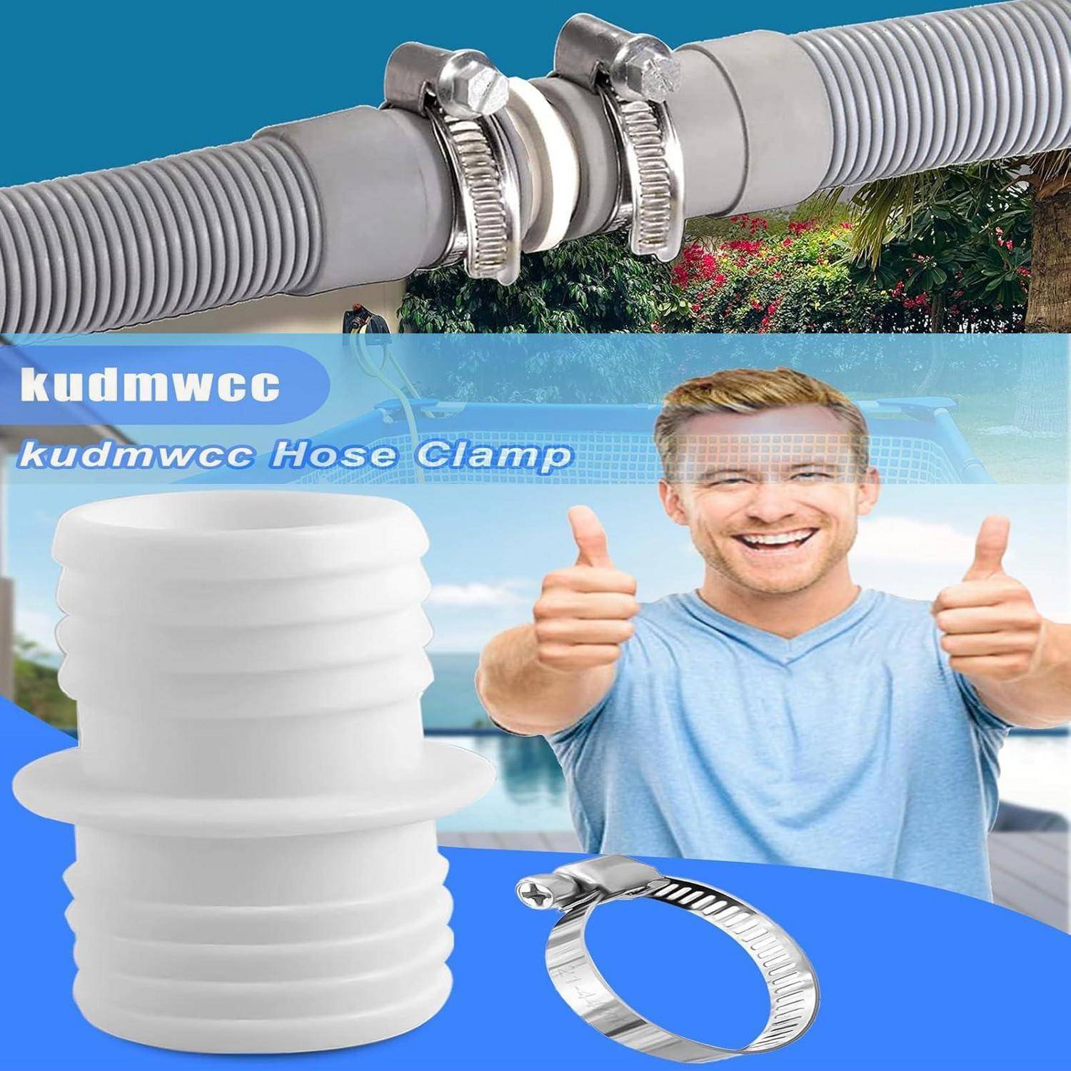Produktabbildung einer Schlauchschelle und weißem geripptem Schlauchverbinder, mit einem lächelnden Mann, der Daumen hochzeigt, und dem Text „kudmwcc Schlauchschelle